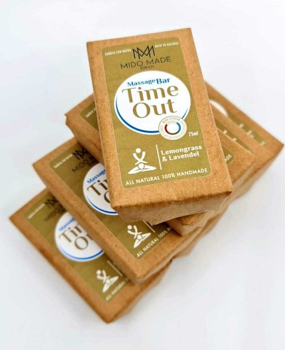 Three Time Out massage bars stacked, handmade in Switzerland