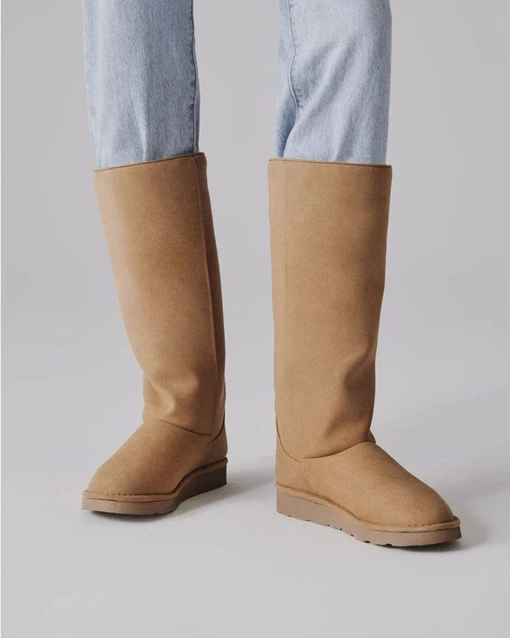 Vegan beige long boots with sparkling crystals – chic and cruelty-free