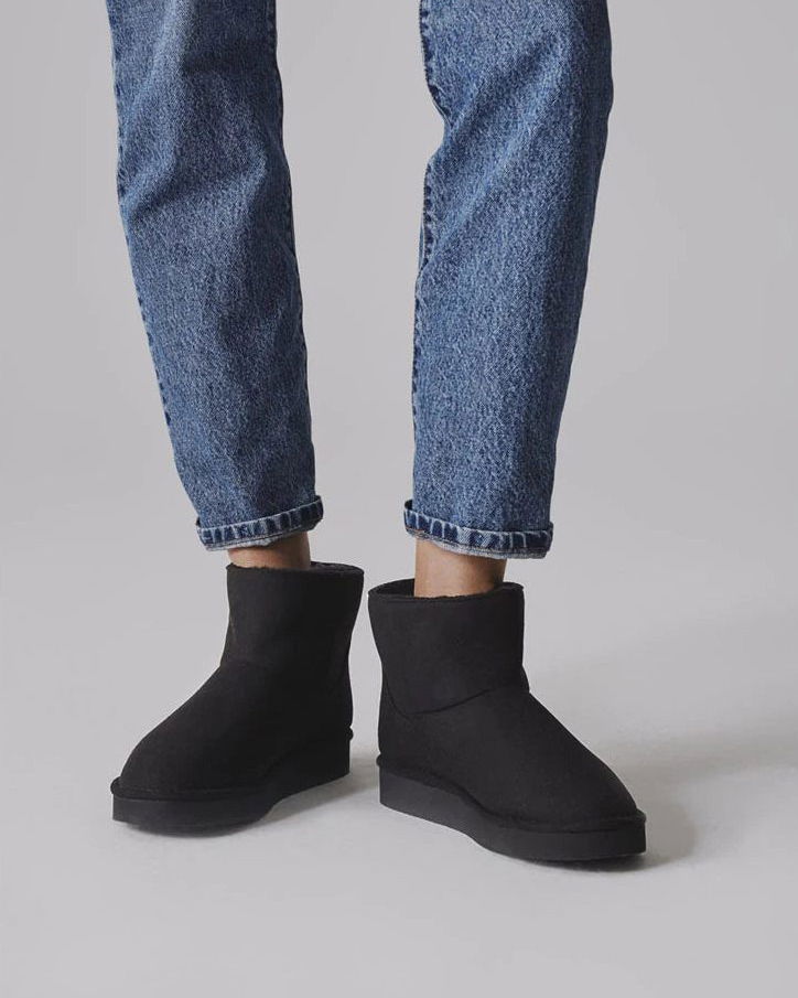 Black mid-ankle vegan boots with faux fur