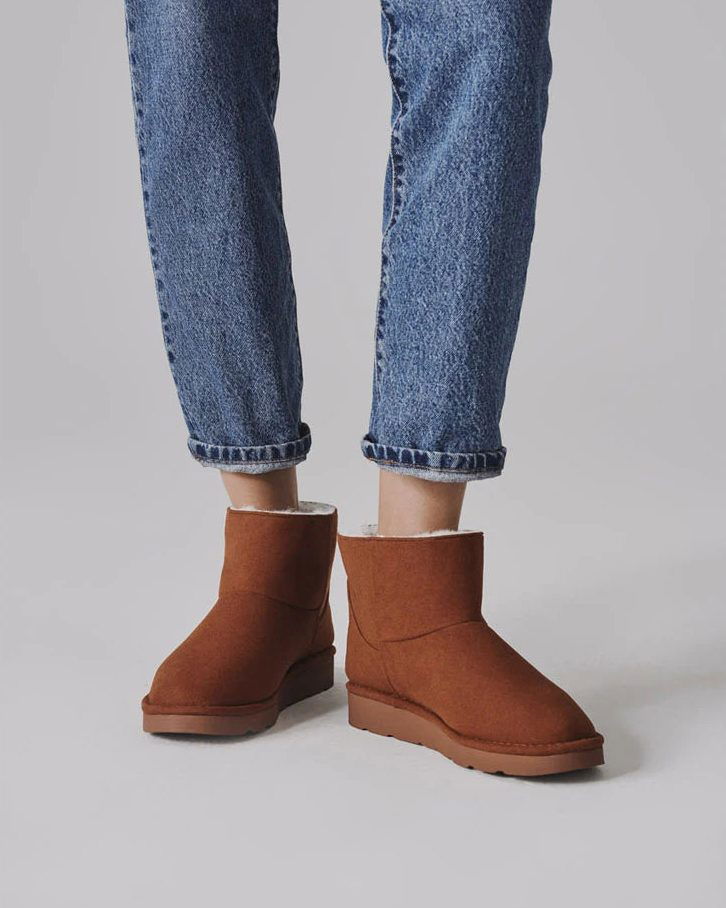 Caramel brown faux fur lined vegan ankle boots