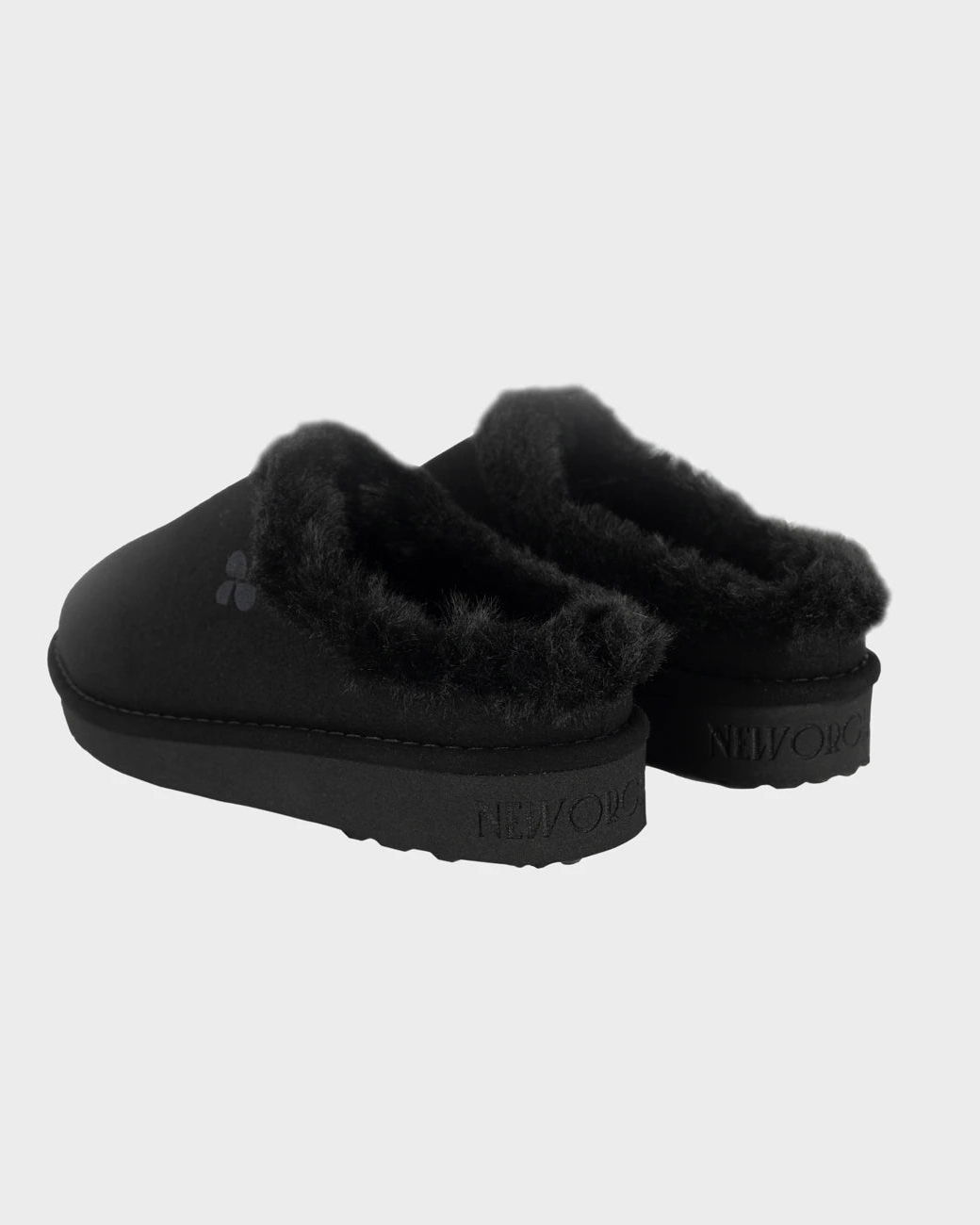 Black recycled ugg-like slippers sustainable warm footwear