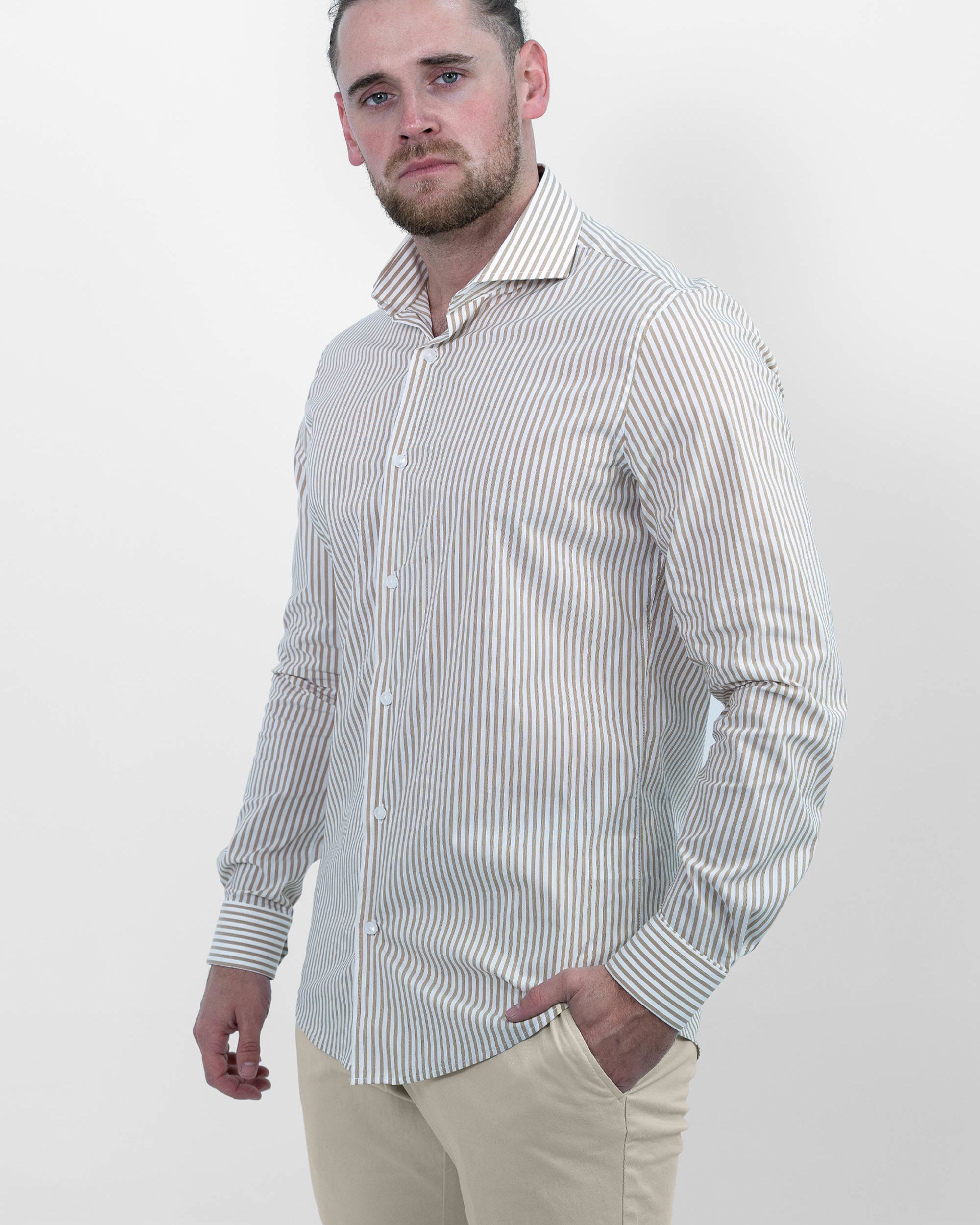 Vercate - Overhemd - Khaki Gestreept - Cool Technology - Slim Fit - Lange Mouw - Poplin - Heren - Maat 37 38 39 40 41 42 43 44 45 46