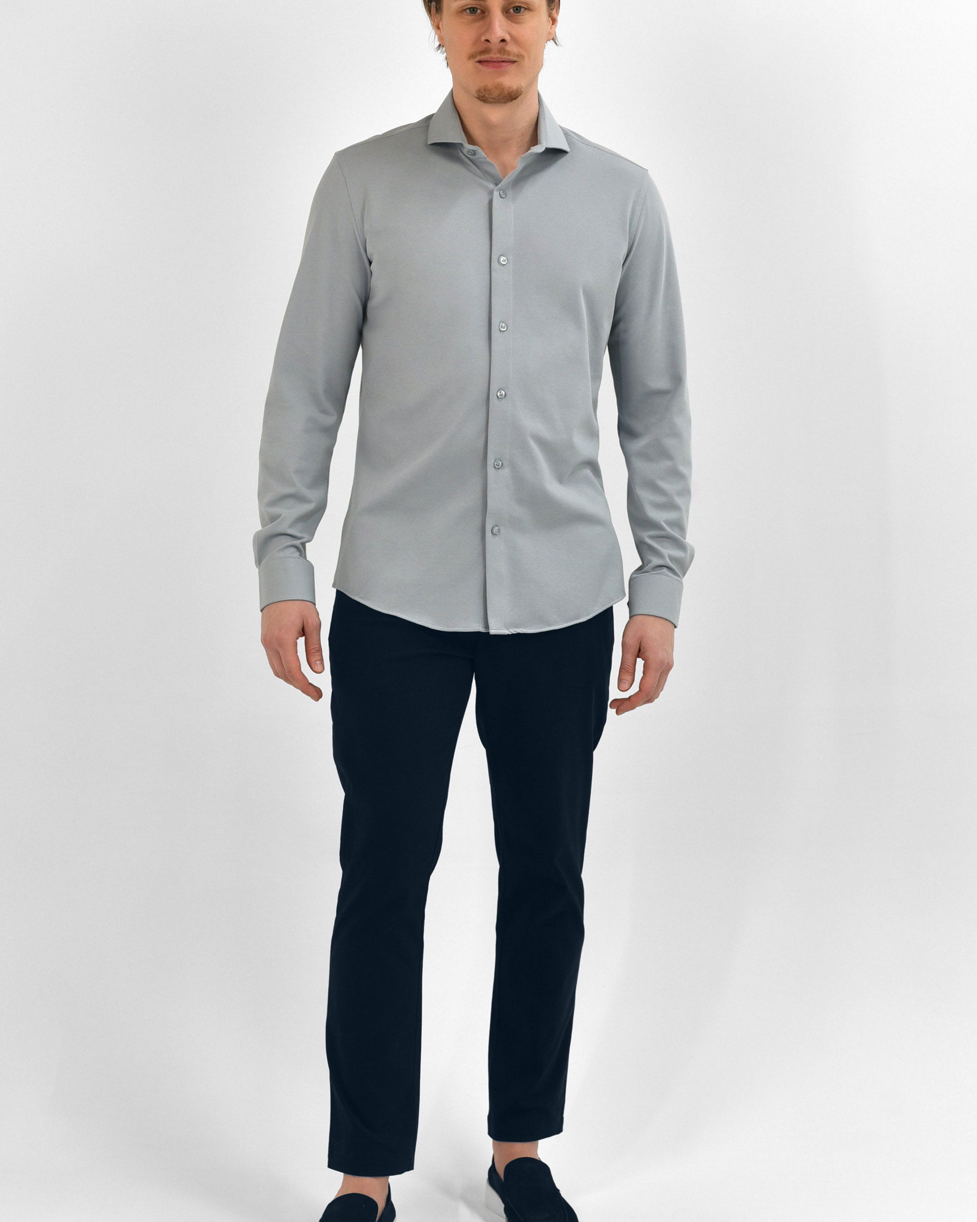 Strijkvrij Overhemd - Vercate - Japanese Knitted - Slim Fit - Lichtgrijs / Grijs - Heren Overhemden