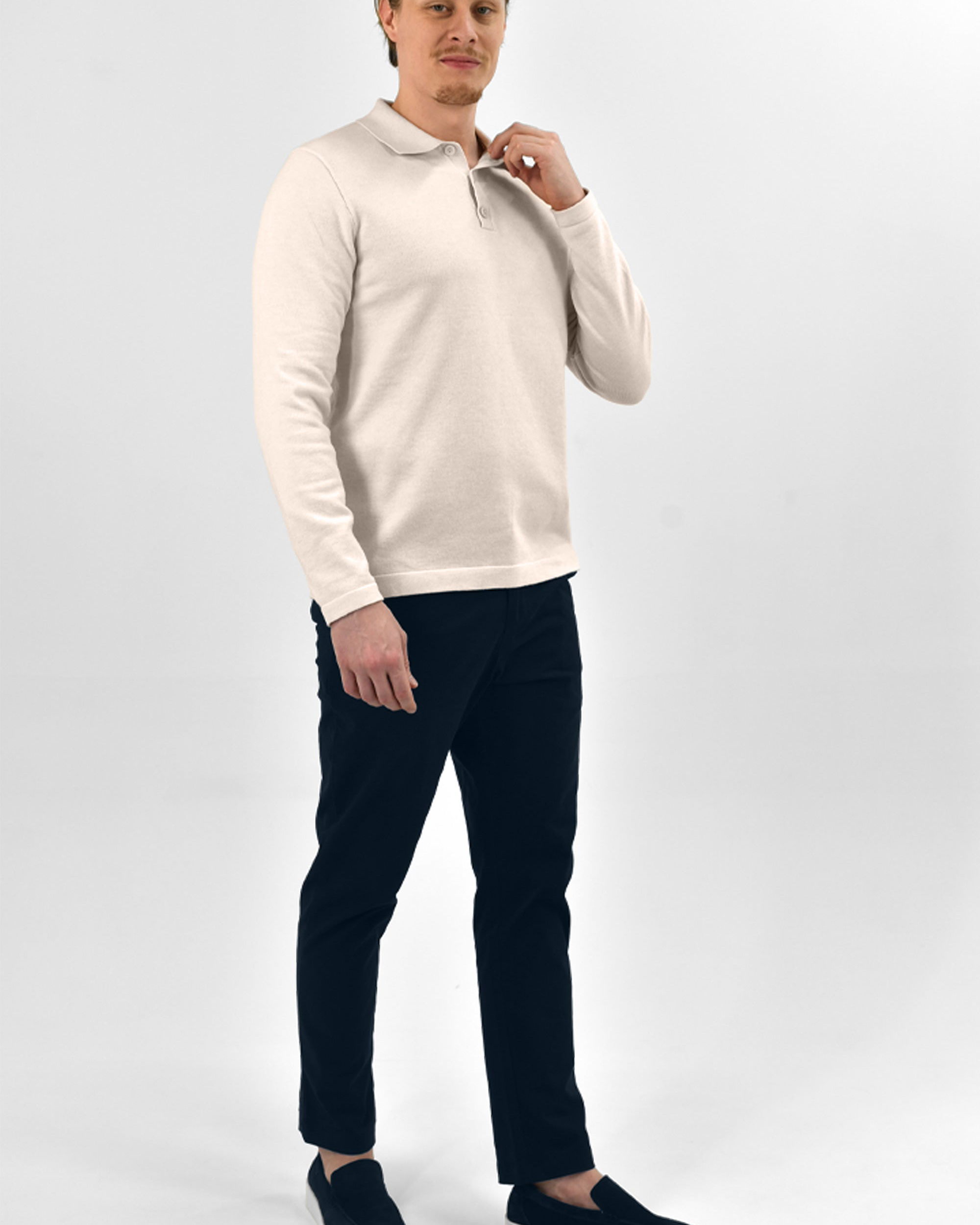 Vercate - Luxe Heren Poloshirt - Polo Met Lange Mouwen - Off White / Gebroken Wit - Regular Fit - Knit Knitted