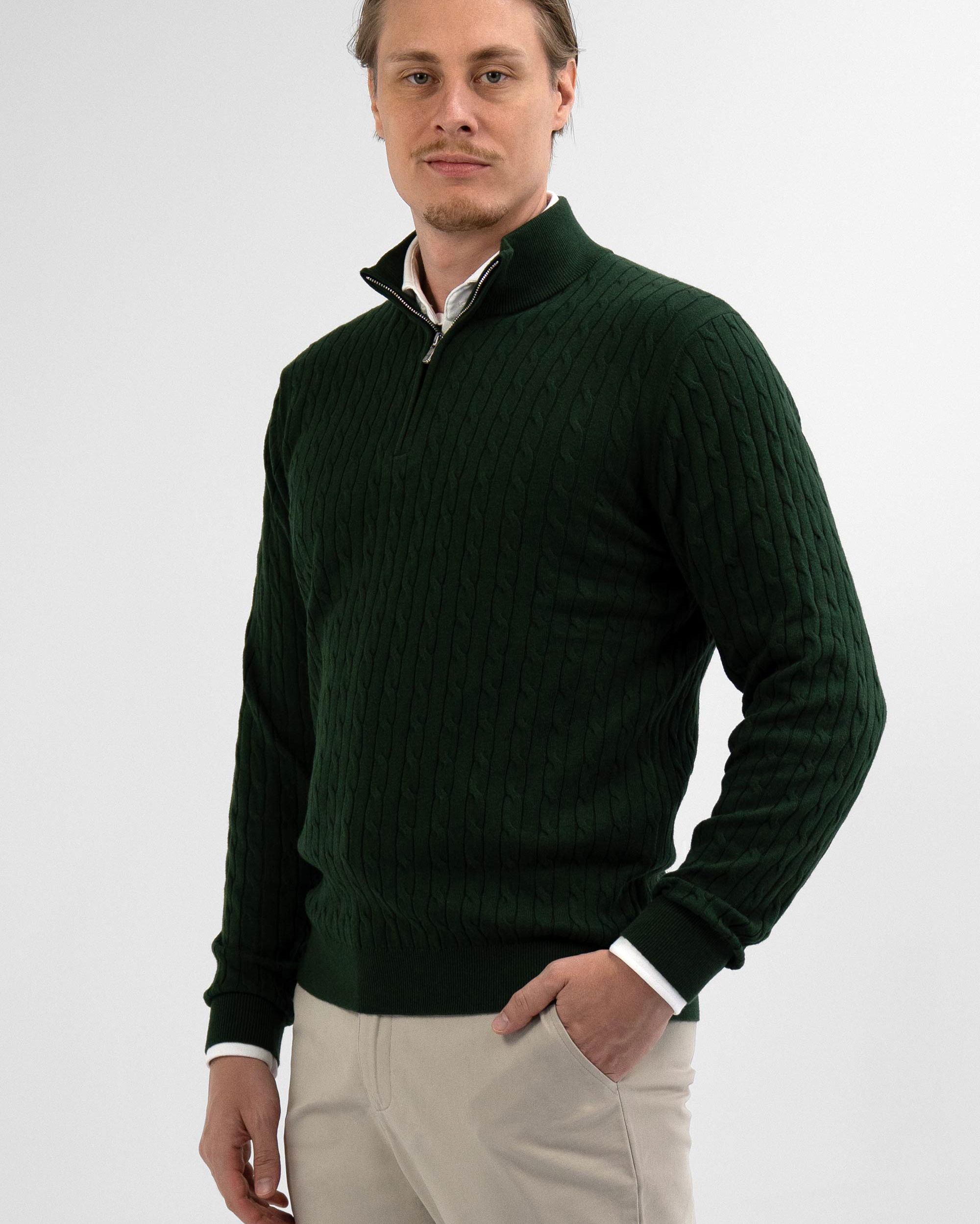 Vercate - Quarter Zip / Half Zip Trui - Cashmere / Kasjmier Blend - Kabeltrui / Pullover - Regular Fit - Donkergroen
