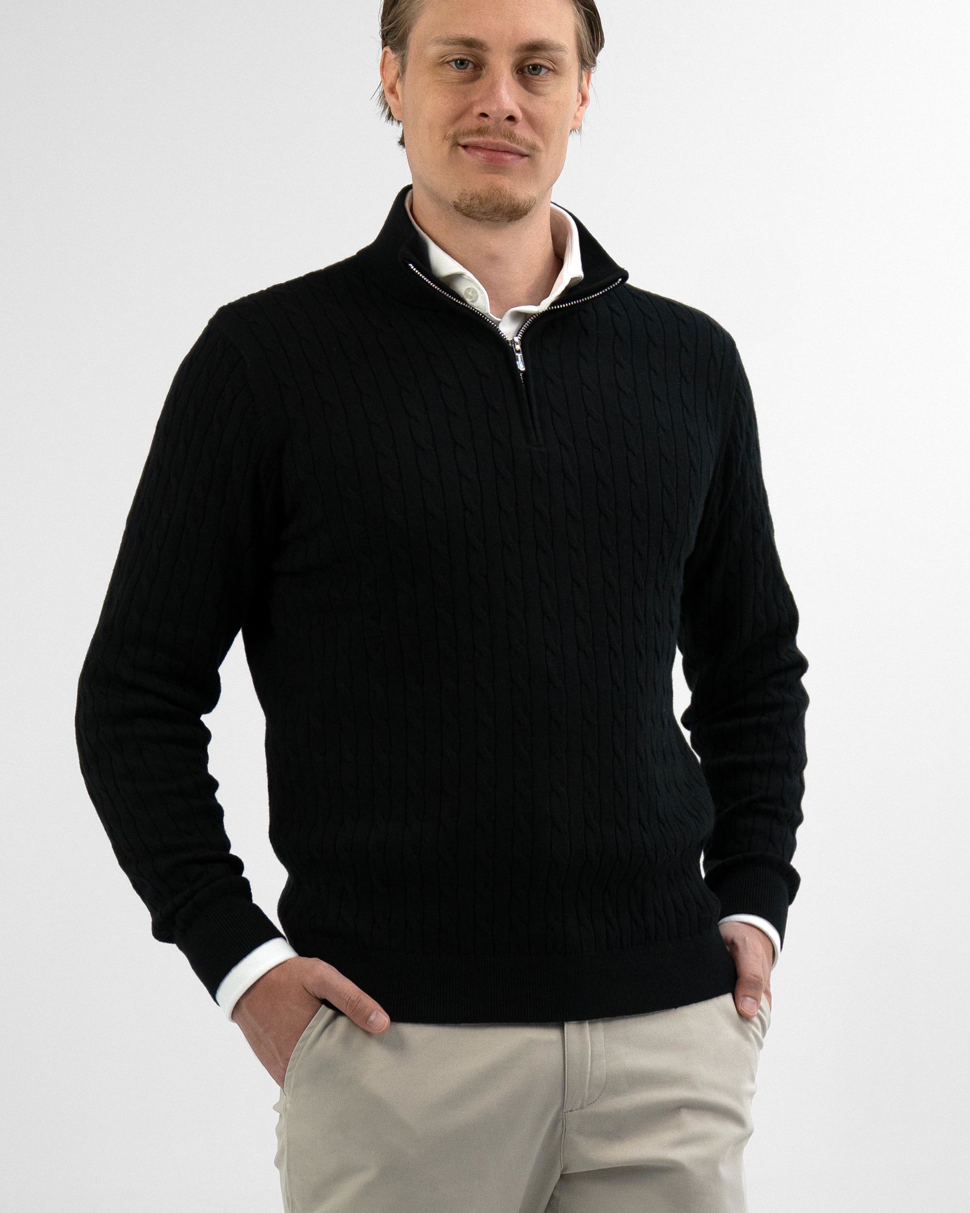 Vercate - Quarter Zip / Half Zip Trui - Cashmere / Kasjmier Blend - Kabeltrui / Pullover - Regular Fit - Zwart