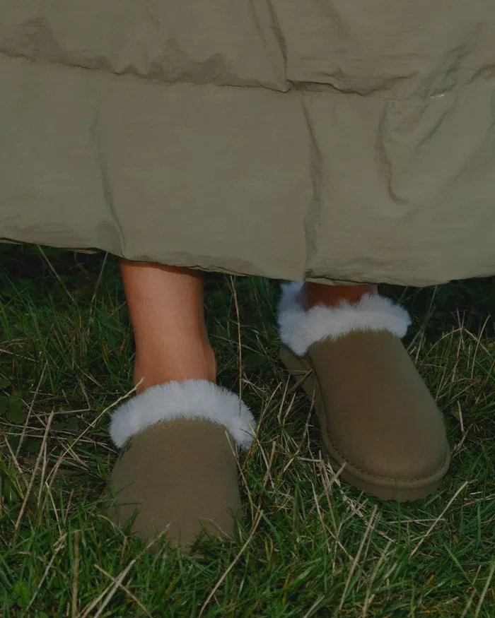 Khaki green recycled ugg-like slippers sustainable warm footwear