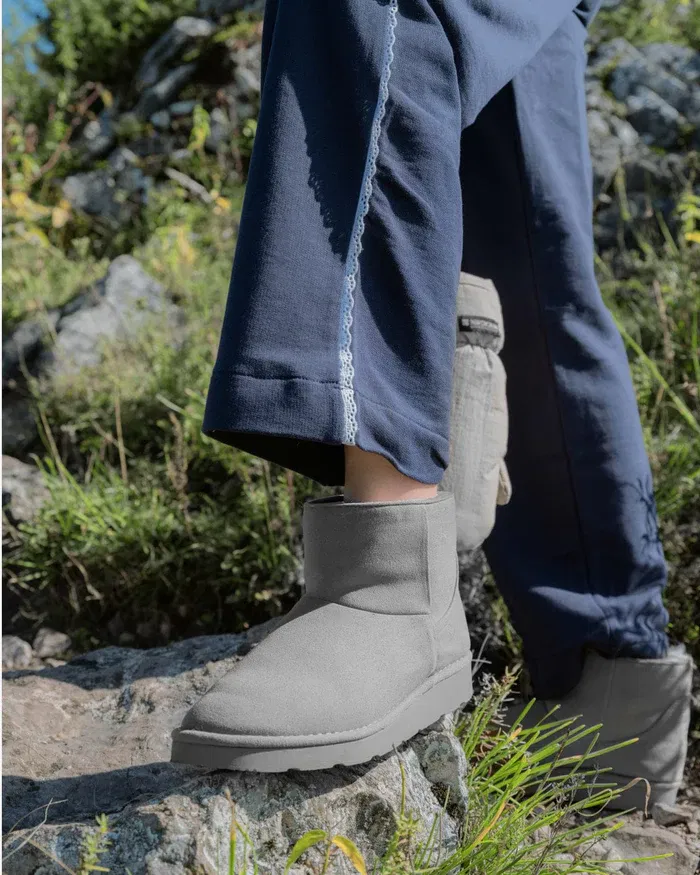 Cruelty-free light grey ankle boots for winter