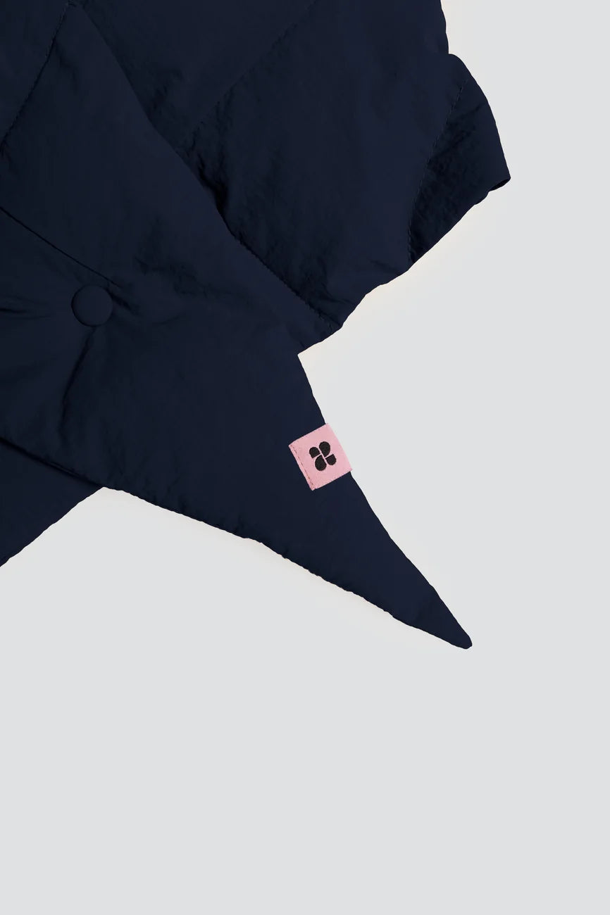 Winter Vegan Capuche Navy 2 Navy blue vegan winter capuche made from recycled materials with adjustable drawstring and pink logo tag. - The New Orchard - Navy Blue