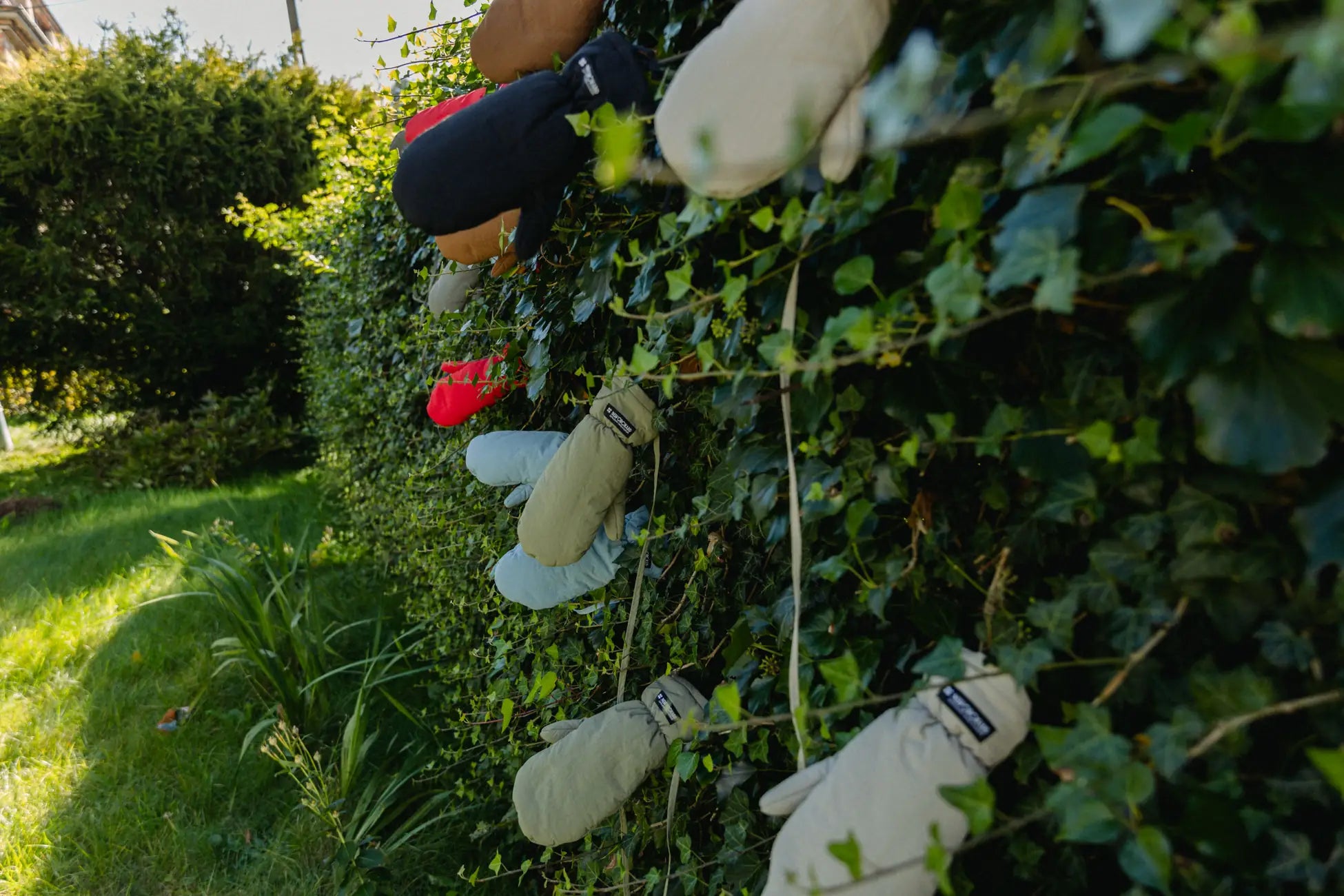 Winter Vegan Gloves Cinnamon 5 Set of vegan winter gloves in cinnamon, beige, gray, and black made from recycled materials hanging outdoors on a leafy wall. - The New Orchard - Fresh Cinnamon