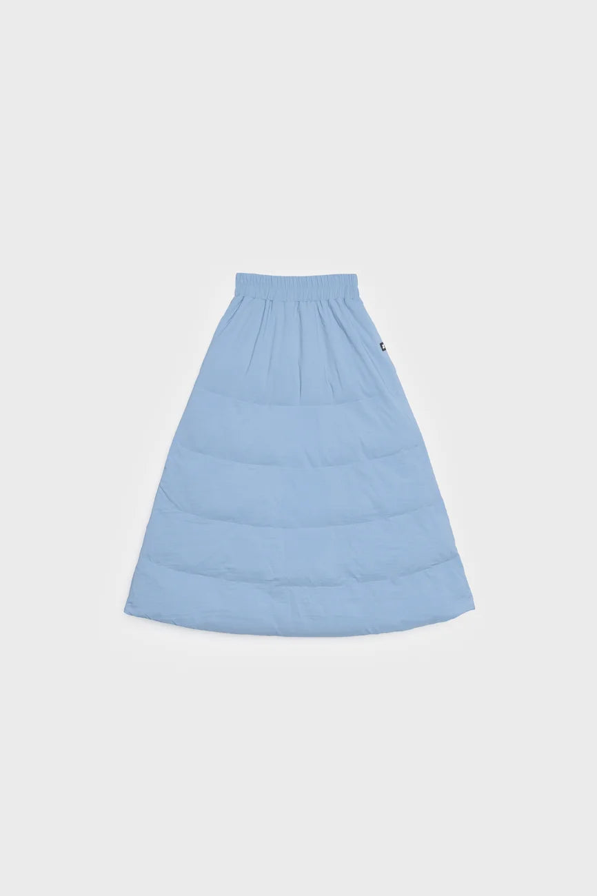 Winter Vegan Skirt Blue 1 Sky blue vegan winter skirt made from recycled materials with quilted design. - The New Orchard CH