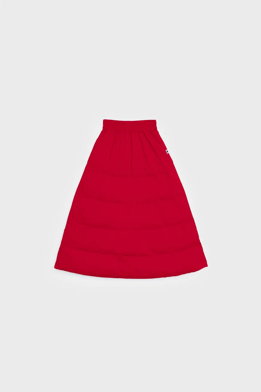 Winter Vegan Skirt Red (limited edition) 2 Vivid red vegan skirt made from recycled materials with a quilted, padded design. - The New Orchard CH