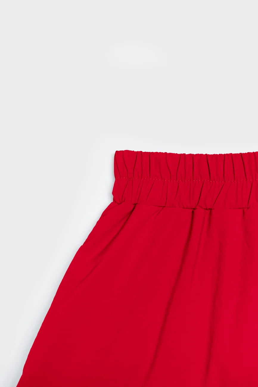 Winter Vegan Skirt Red (limited edition) 4 Vivid red vegan winter skirt with gathered elastic waistband made from recycled materials. - The New Orchard CH