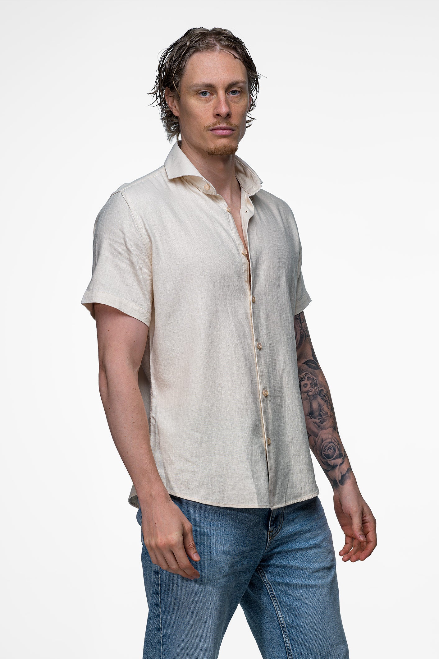 Linen Shirt - Beige 2 Vercate - Linnen Overhemd - Korte Mouwen - Slim Fit - Heren - Beige