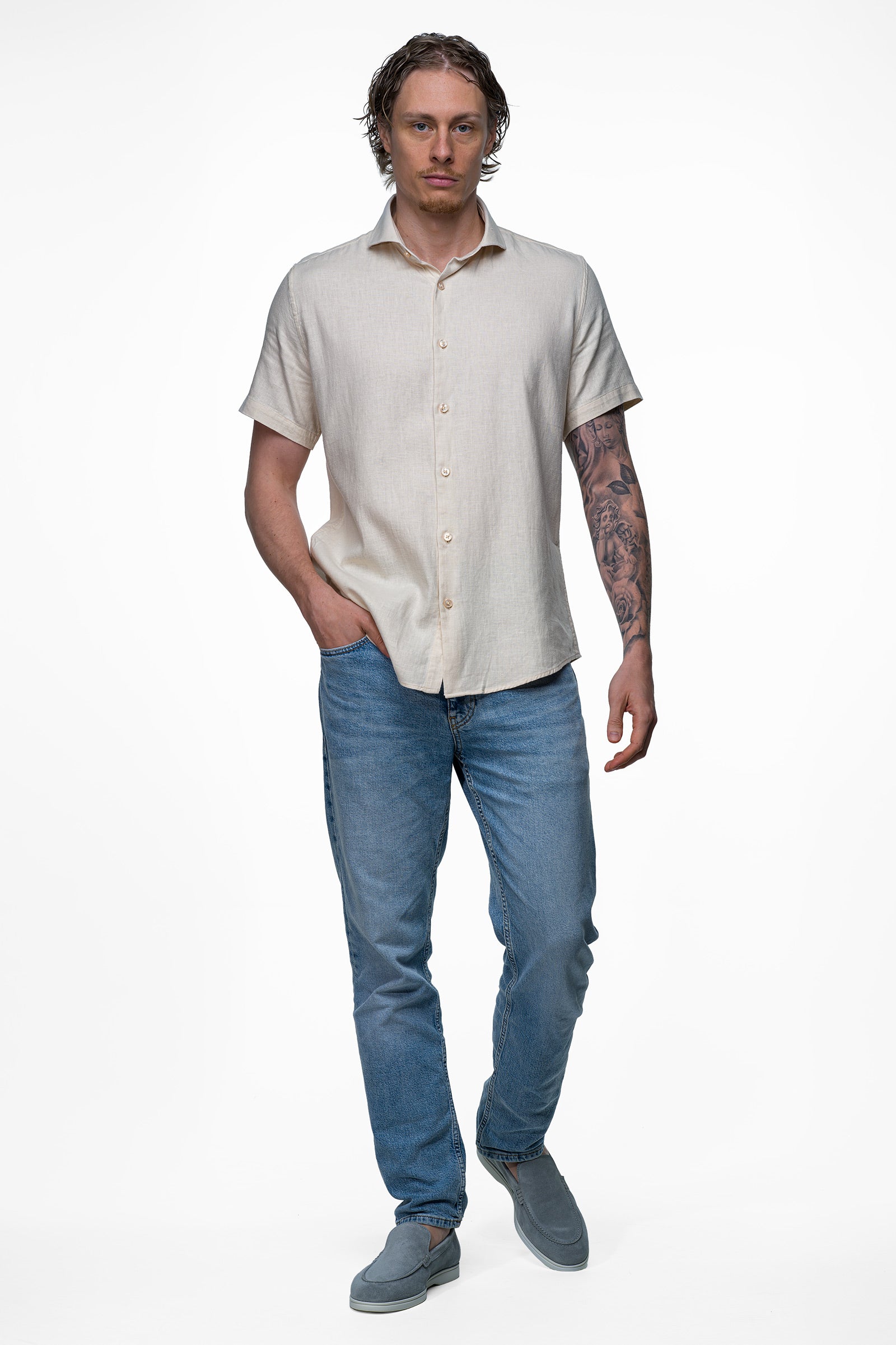 Linen Shirt - Beige 3 Vercate - Linnen Overhemd - Korte Mouwen - Slim Fit - Heren - Beige
