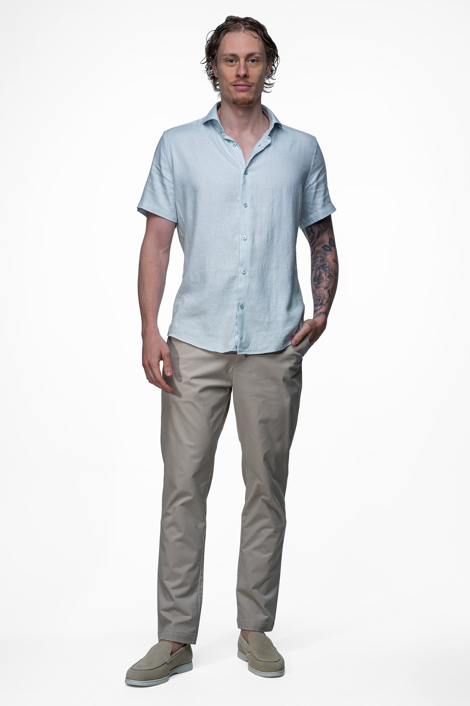 Linen Shirt - Light Blue 2 Vercate - Linnen Overhemd - Korte Mouwen - Slim Fit - Heren - Lichtblauw / Blauw