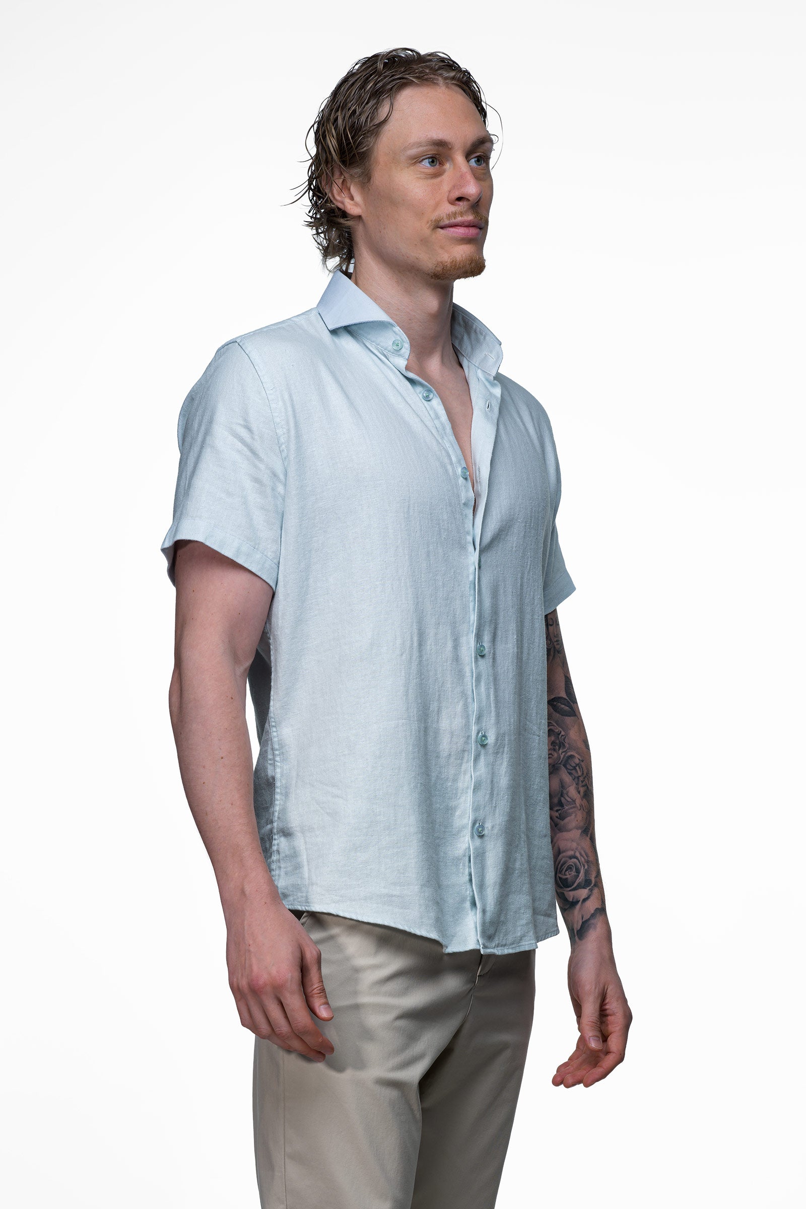 Linen Shirt - Light Blue 3 Vercate - Linnen Overhemd - Korte Mouwen - Slim Fit - Heren - Lichtblauw / Blauw