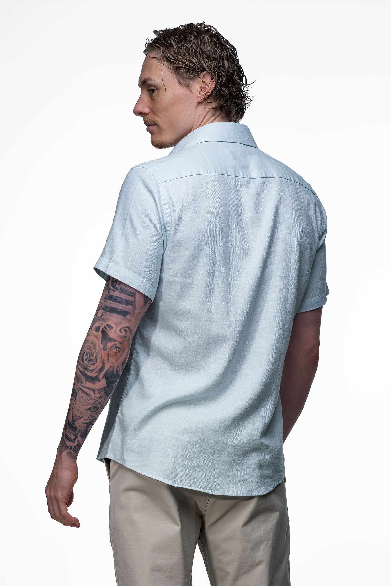 Linen Shirt - Light Blue 4 Vercate - Linnen Overhemd - Korte Mouwen - Slim Fit - Heren - Lichtblauw / Blauw