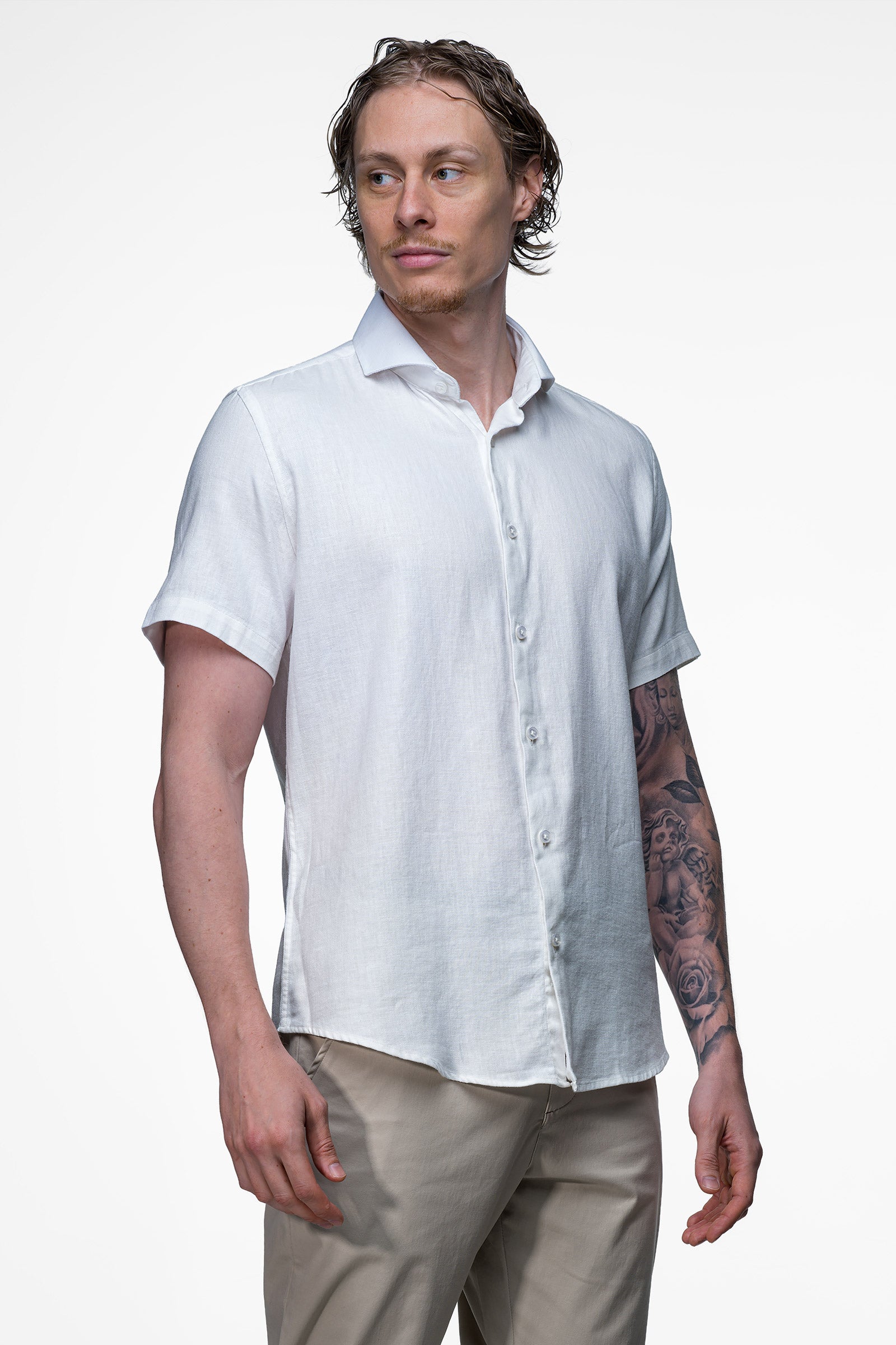 Linen Shirt - White 2 Vercate - Linnen Overhemd - Korte Mouwen - Slim Fit - Heren - Wit
