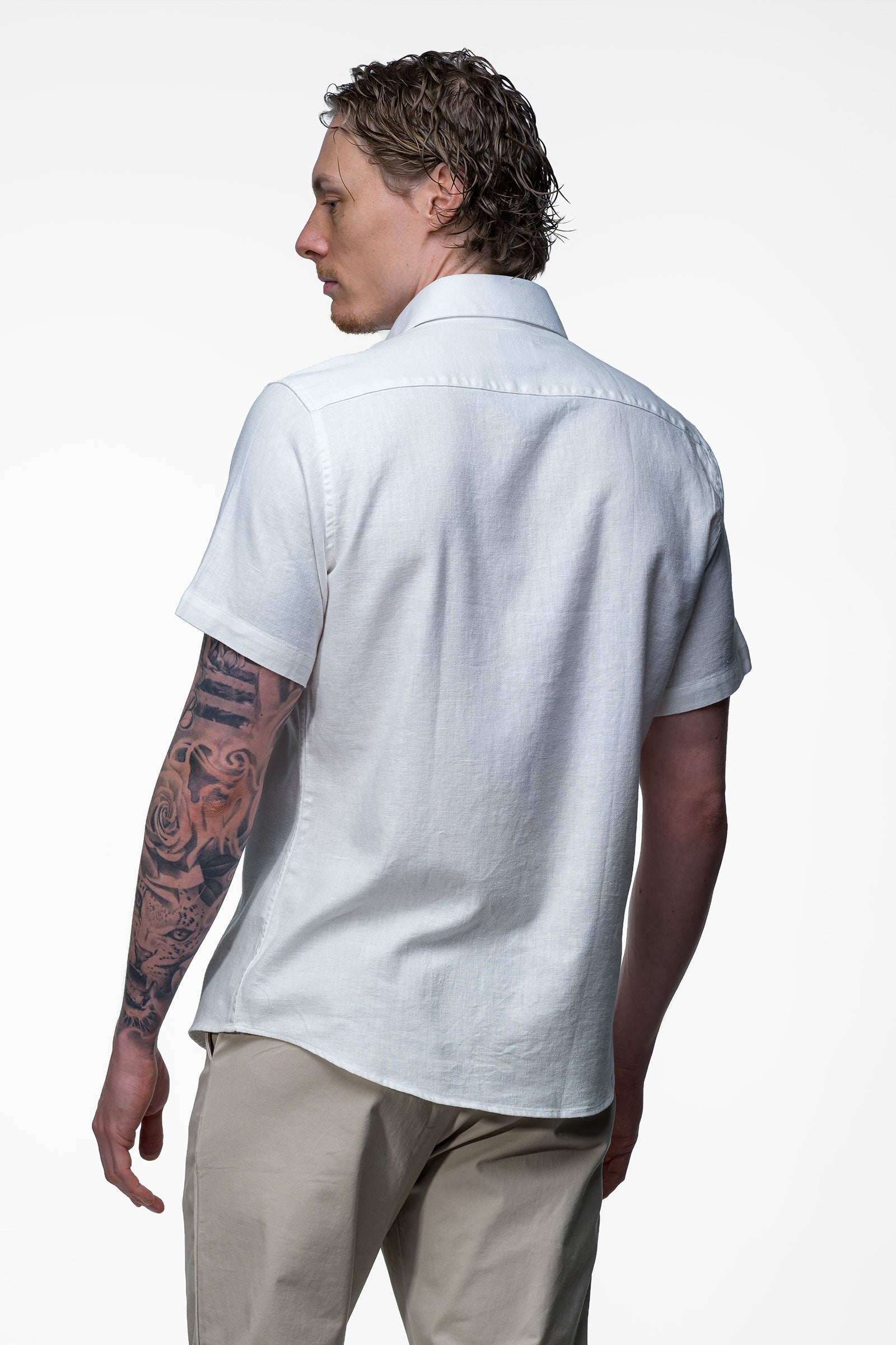 Linen Shirt - White 3 Vercate - Linnen Overhemd - Korte Mouwen - Slim Fit - Heren - Wit