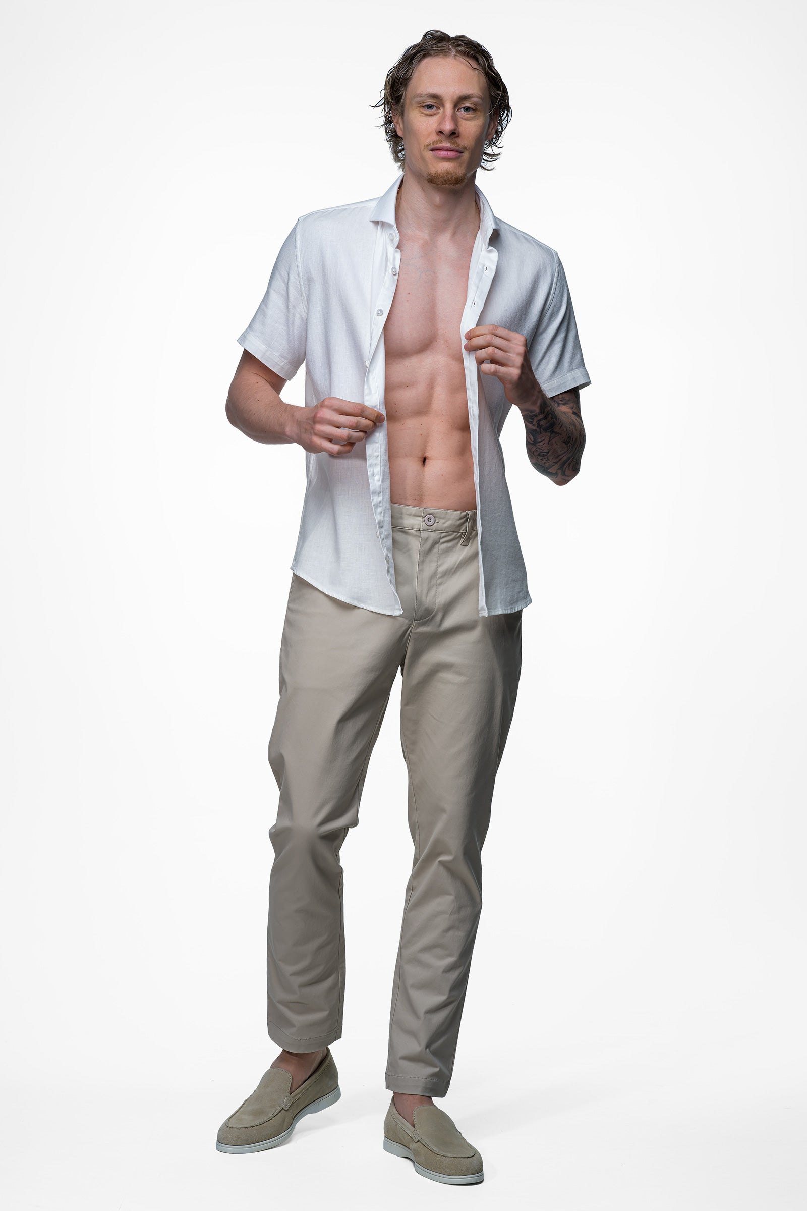 Linen Shirt - White 6 Vercate - Linnen Overhemd - Korte Mouwen - Slim Fit - Heren - Wit