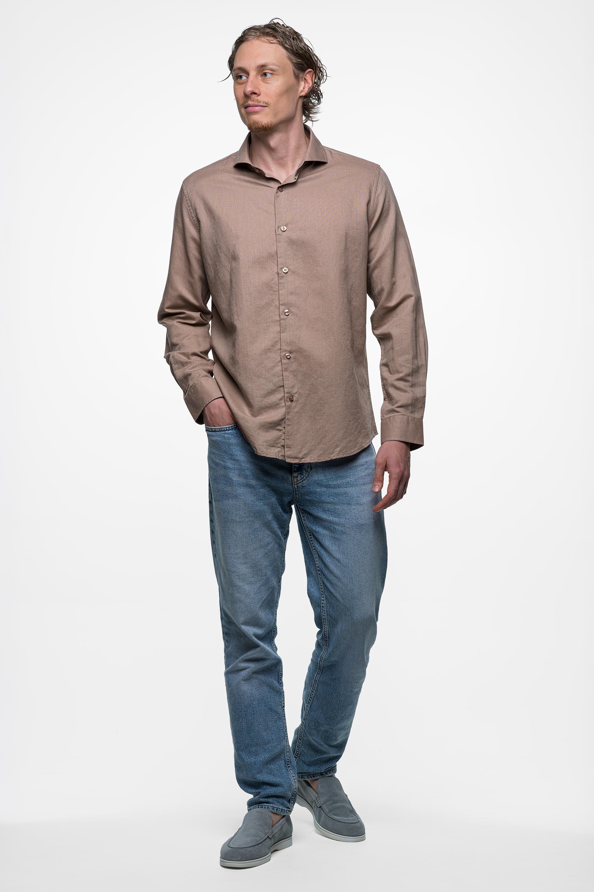 Linen Shirt - Sand Brown 2 Vercate - Heren Lange Mouwen Overhemd - Bruin / Beige / Khaki - Slim-Fit - Linnen Katoen