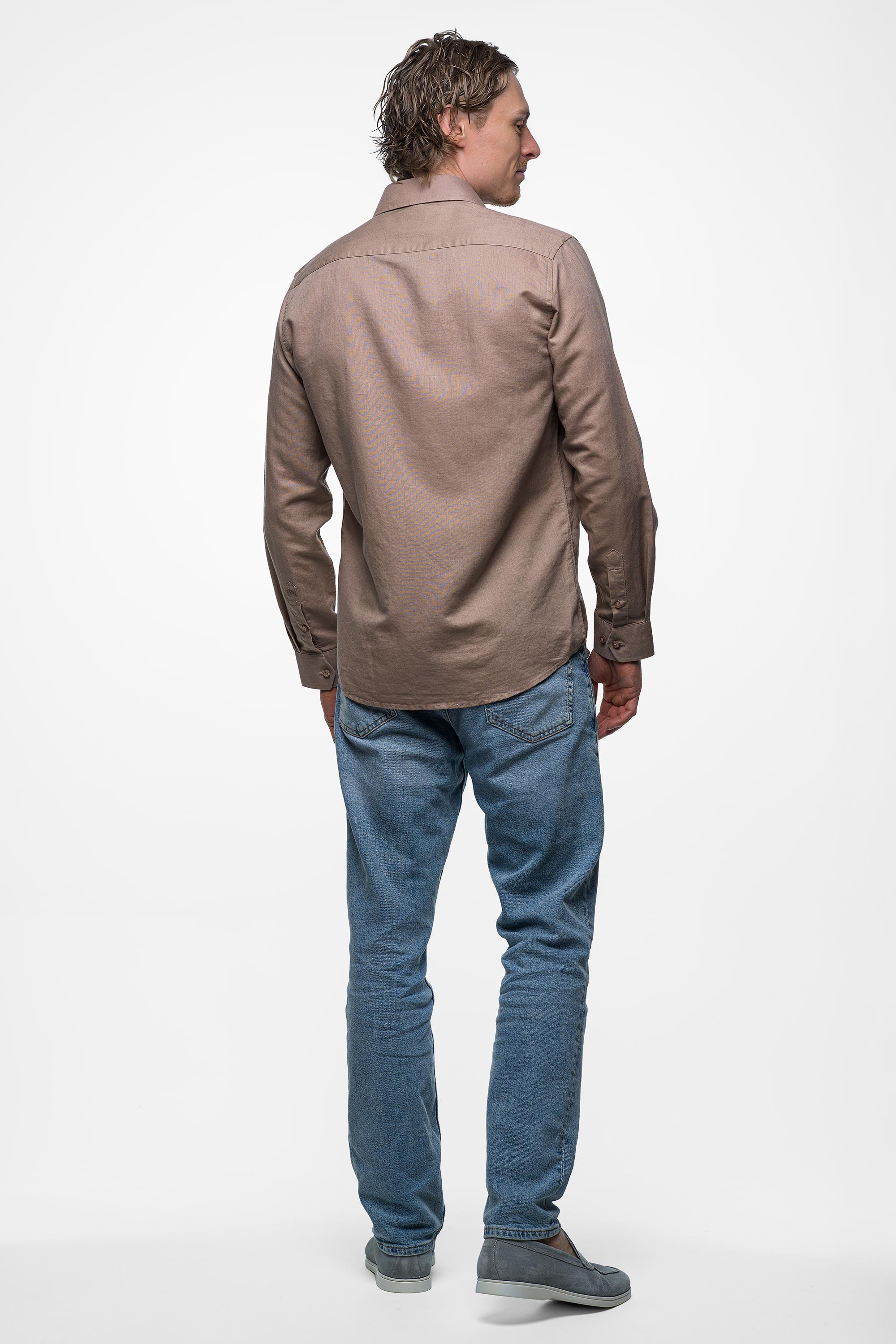 Linen Shirt - Sand Brown 3 Vercate - Heren Lange Mouwen Overhemd - Bruin / Beige / Khaki - Slim-Fit - Linnen Katoen