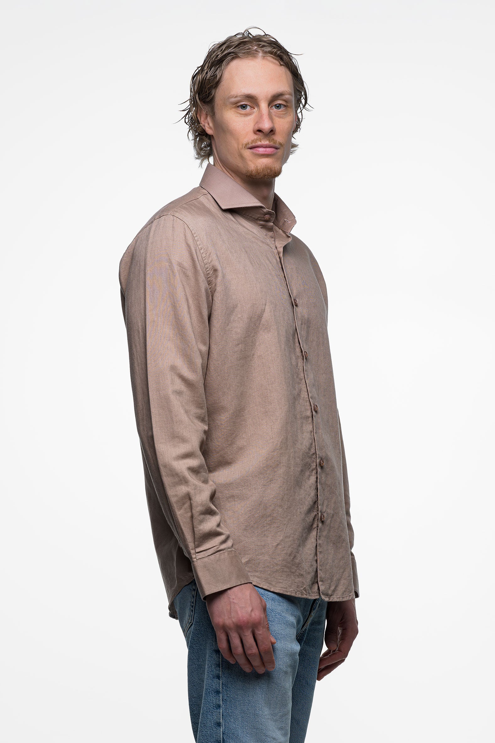 Linen Shirt - Sand Brown 4 Vercate - Heren Lange Mouwen Overhemd - Bruin / Beige / Khaki - Slim-Fit - Linnen Katoen
