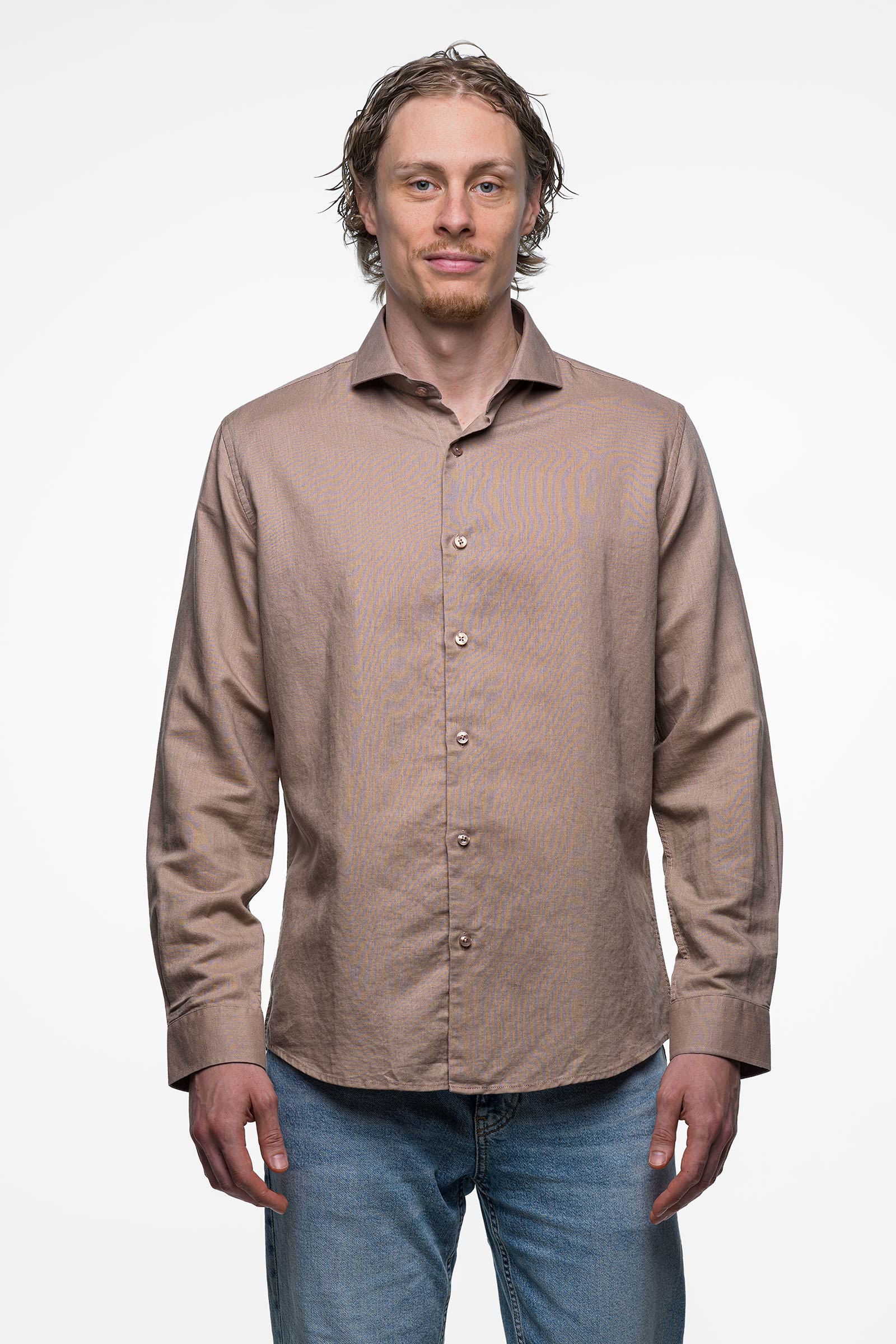Linen Shirt - Sand Brown 5 Vercate - Heren Lange Mouwen Overhemd - Bruin / Beige / Khaki - Slim-Fit - Linnen Katoen