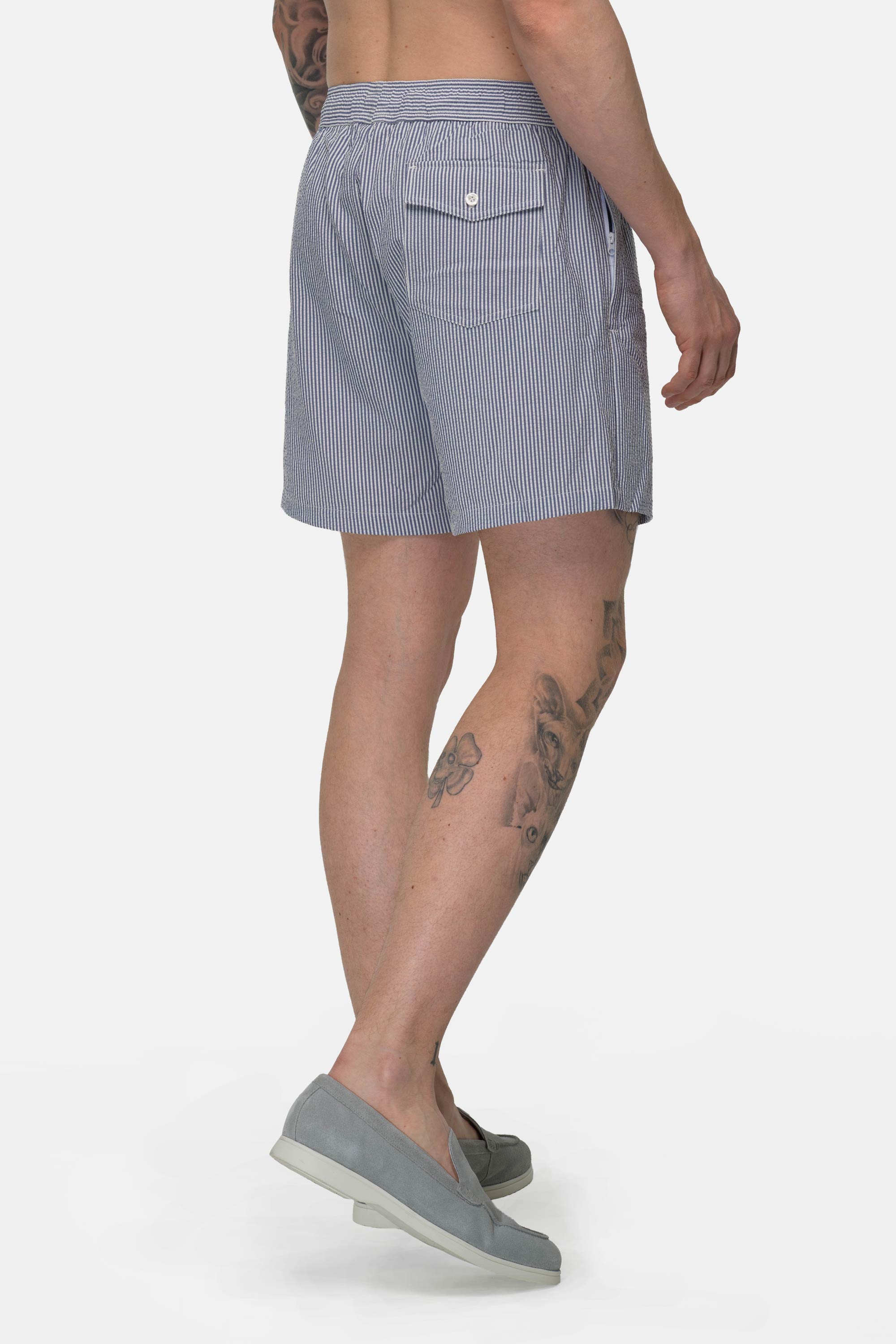 Seersucker Swim Shorts - Dark Blue 3 Vercate - Heren Zwembroek - Seersucker - Zakken met Ritssluiting - Donkerblauwe Streepjes
