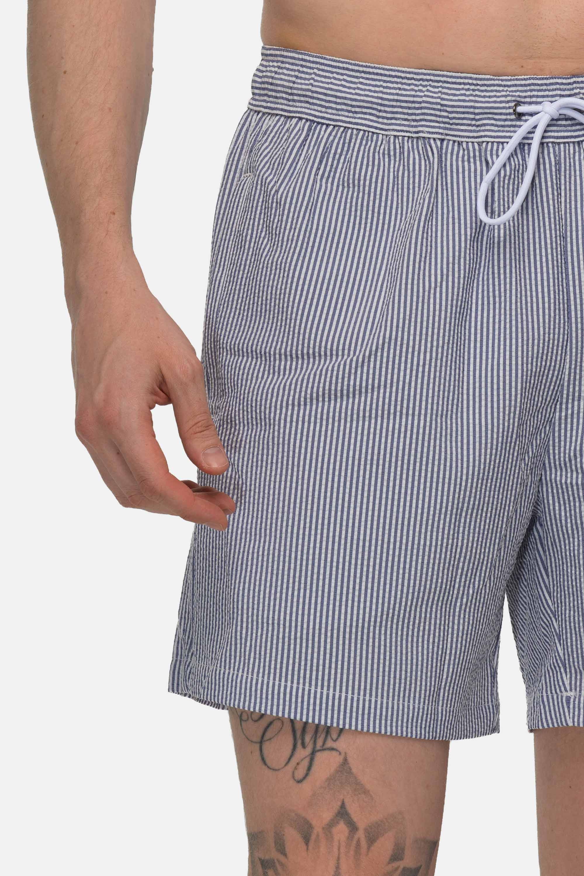 Seersucker Swim Shorts - Dark Blue 4 Vercate - Heren Zwembroek - Seersucker - Zakken met Ritssluiting - Donkerblauwe Streepjes