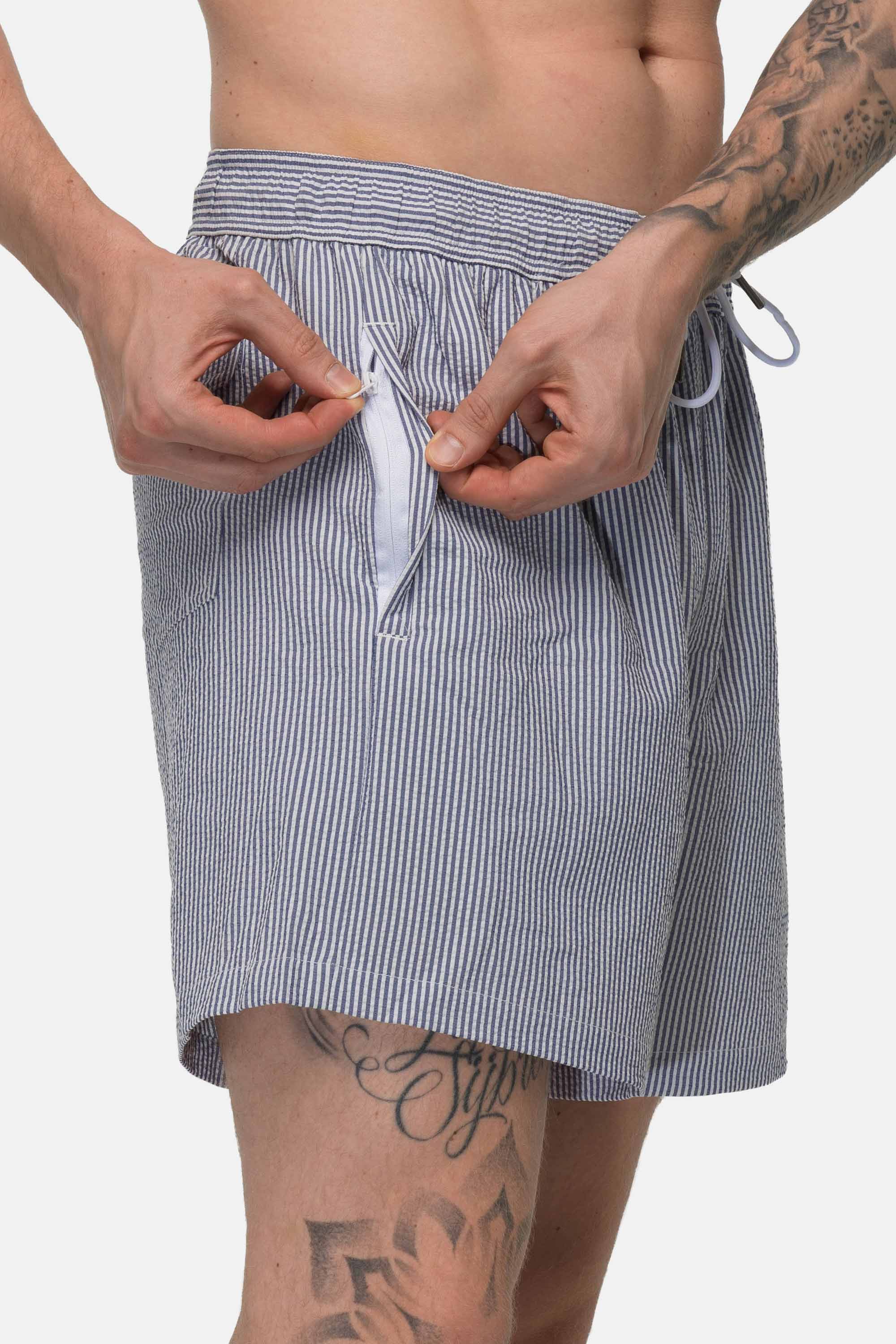Seersucker Swim Shorts - Dark Blue 5 Vercate - Heren Zwembroek - Seersucker - Zakken met Ritssluiting - Donkerblauwe Streepjes