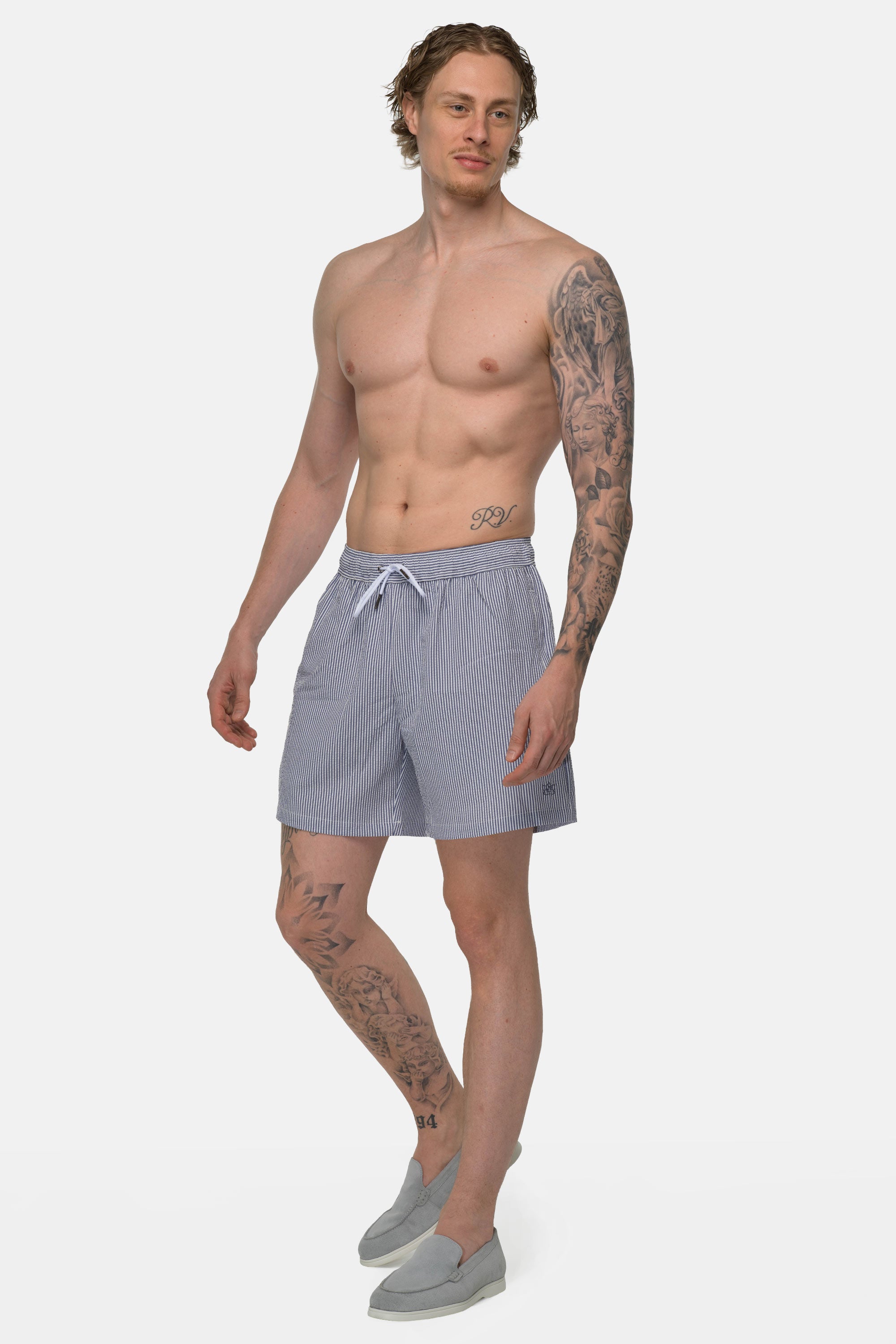 Seersucker Swim Shorts - Dark Blue 6 Vercate - Heren Zwembroek - Seersucker - Zakken met Ritssluiting - Donkerblauwe Streepjes