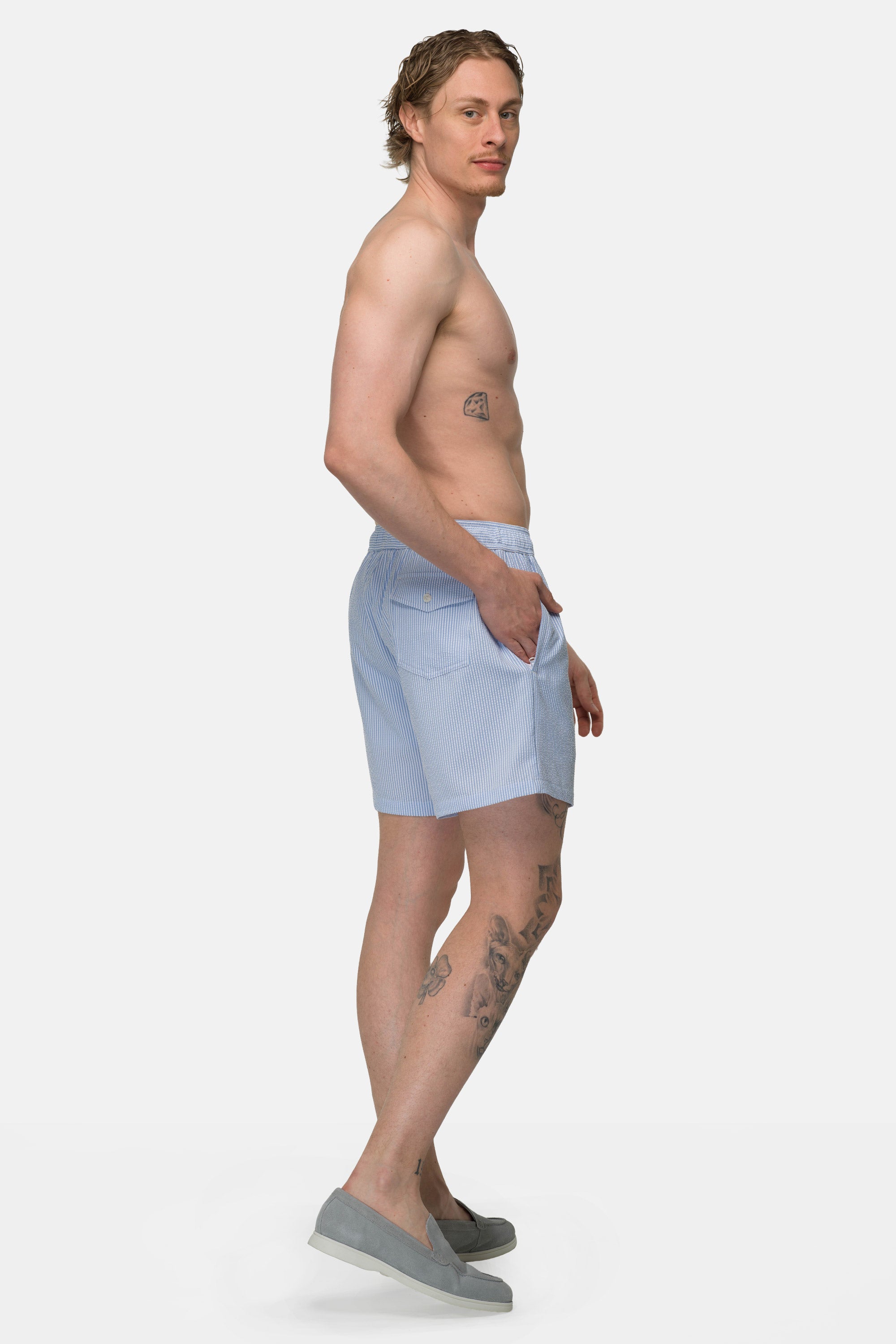 Seersucker Swim Shorts - Light Blue 3 Vercate - Heren Zwembroek - Seersucker - Zakken met Ritssluiting - Lichtblauwe Streepjes