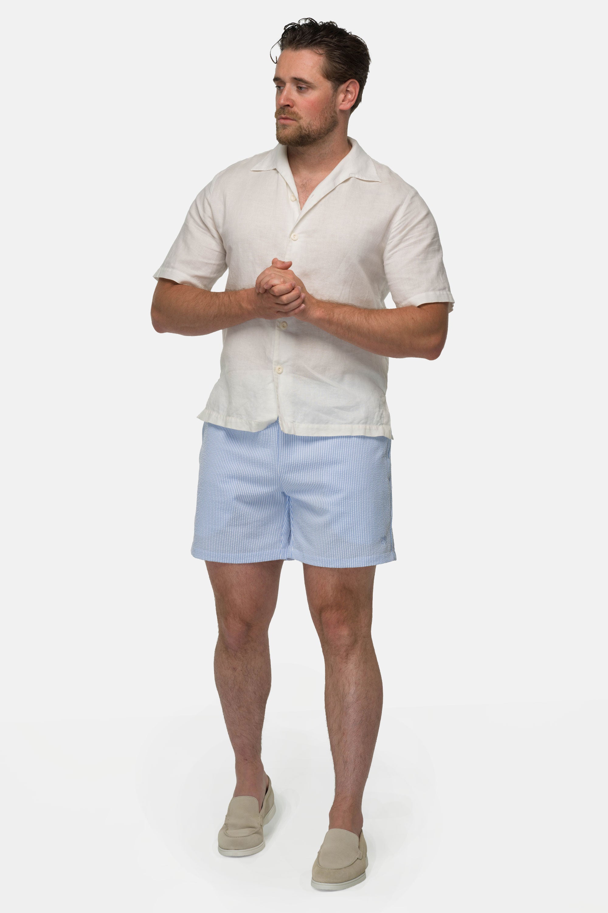 Seersucker Swim Shorts - Light Blue 4 Vercate - Heren Zwembroek - Seersucker - Zakken met Ritssluiting - Lichtblauwe Streepjes