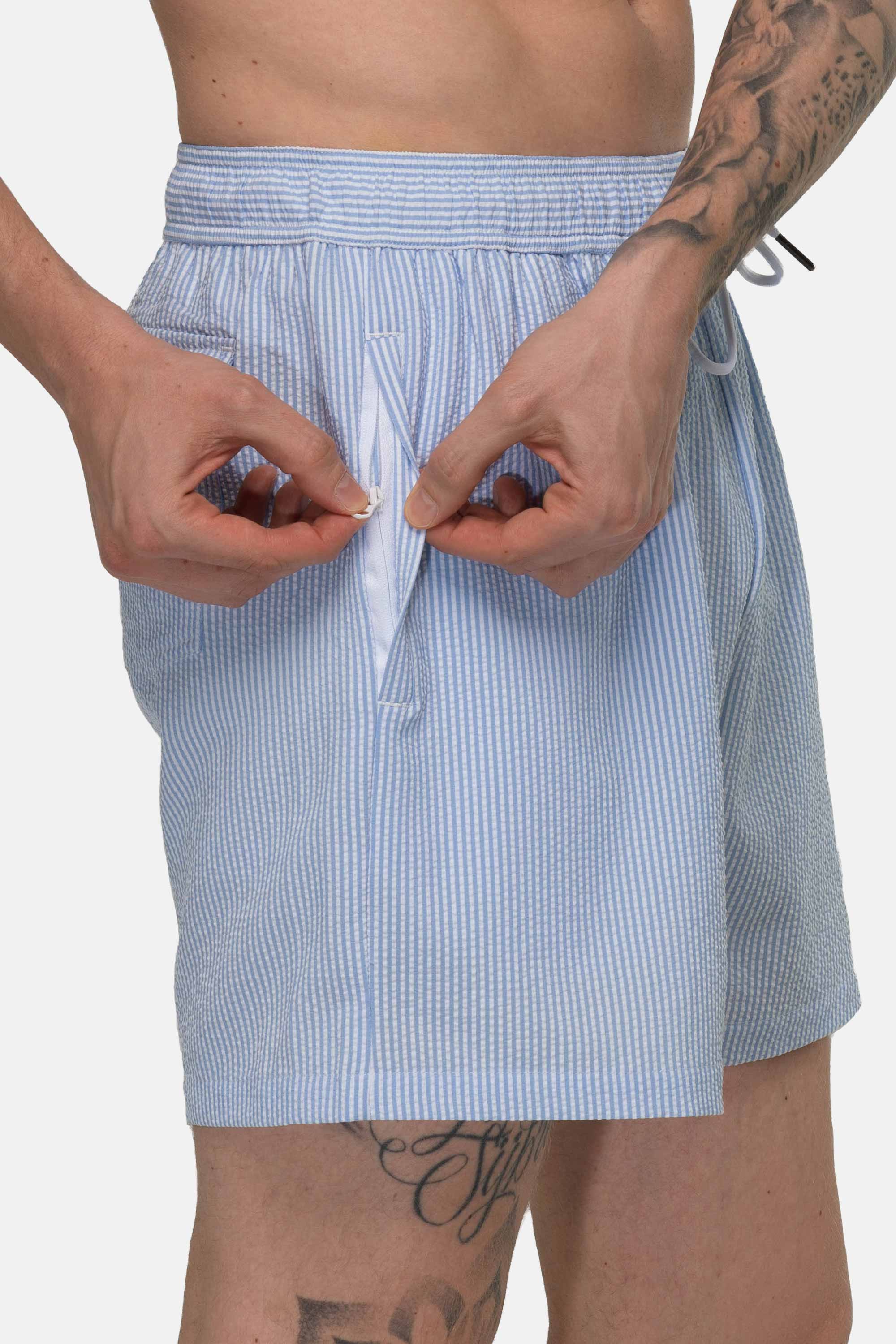 Seersucker Swim Shorts - Light Blue 5 Vercate - Heren Zwembroek - Seersucker - Zakken met Ritssluiting - Lichtblauwe Streepjes