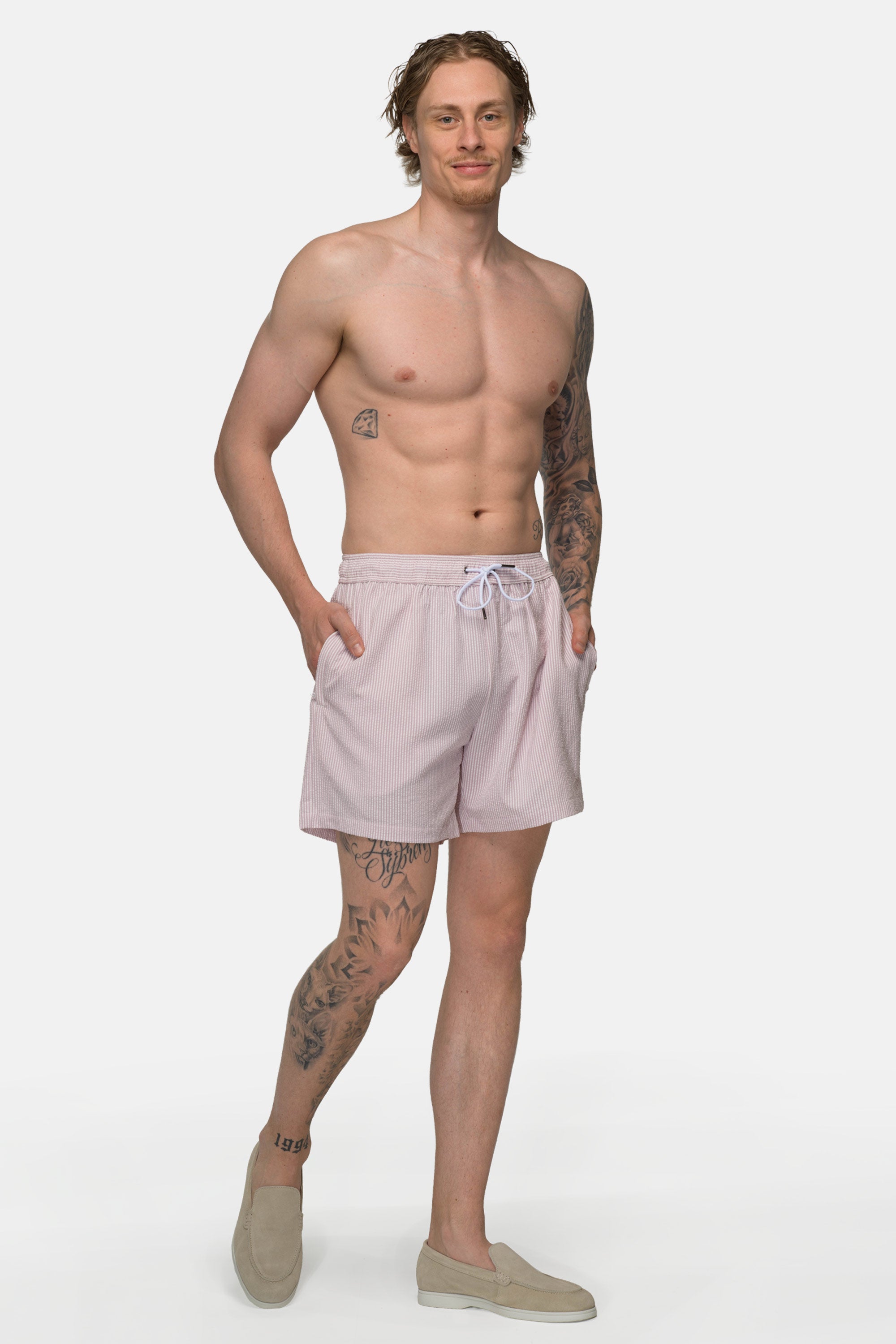 Seersucker Swim Shorts - Pink 2 Vercate - Heren Zwembroek - Seersucker - Zakken met Ritssluiting - Roze Streepjes