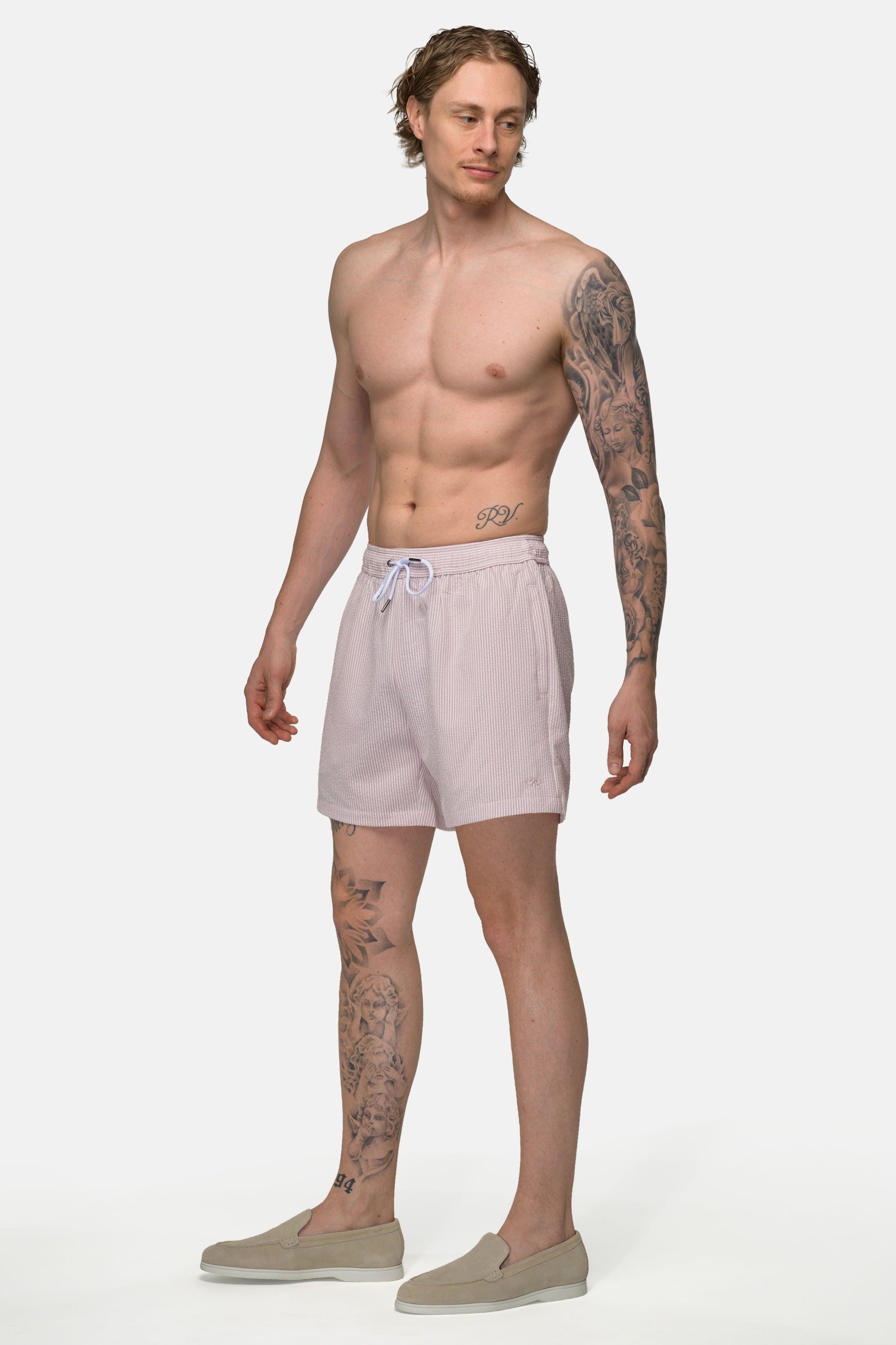 Seersucker Swim Shorts - Pink 3 Vercate - Heren Zwembroek - Seersucker - Zakken met Ritssluiting - Roze Streepjes