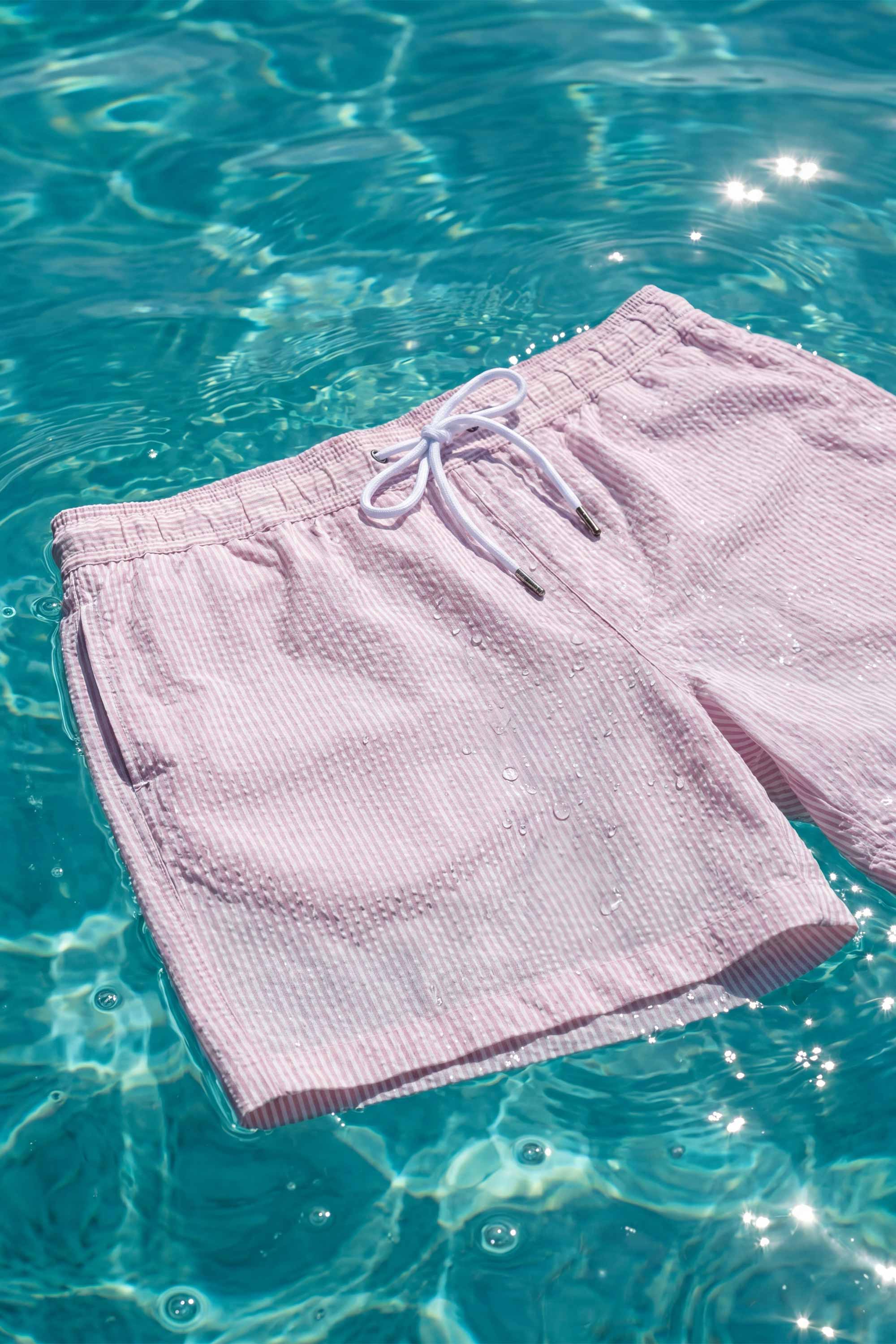 Seersucker Swim Shorts - Pink 6 Vercate - Heren Zwembroek - Seersucker - Zakken met Ritssluiting - Roze Streepjes
