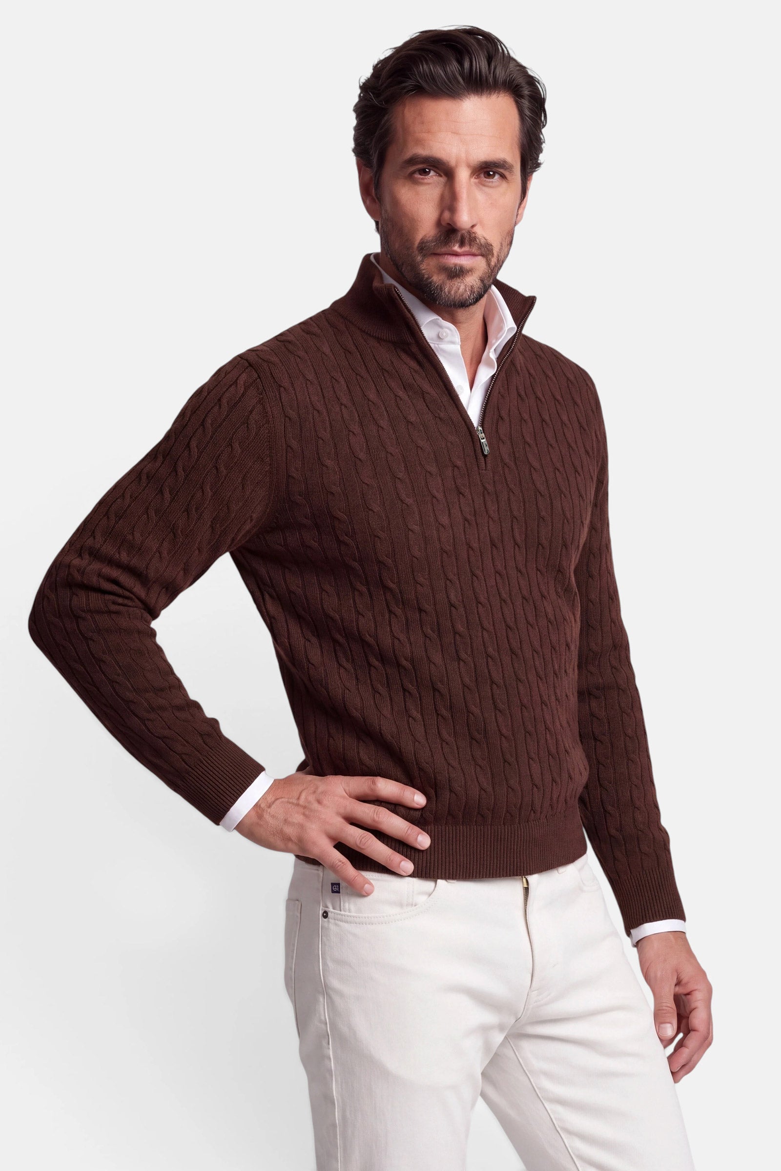 Half Zip - Cashmere Blend - Cognac Brown 2 Vercate - Quarter Zip / Half Zip Trui Heren - Cognac Bruin - Cashmere Blend - Kabeltrui / Pullover - Regular Fit