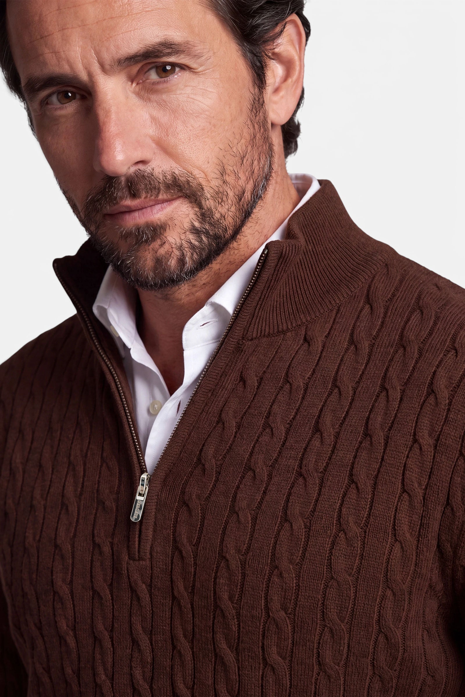 Half Zip - Cashmere Blend - Cognac Brown 4 Vercate - Quarter Zip / Half Zip Trui Heren - Cognac Bruin - Cashmere Blend - Kabeltrui / Pullover - Regular Fit