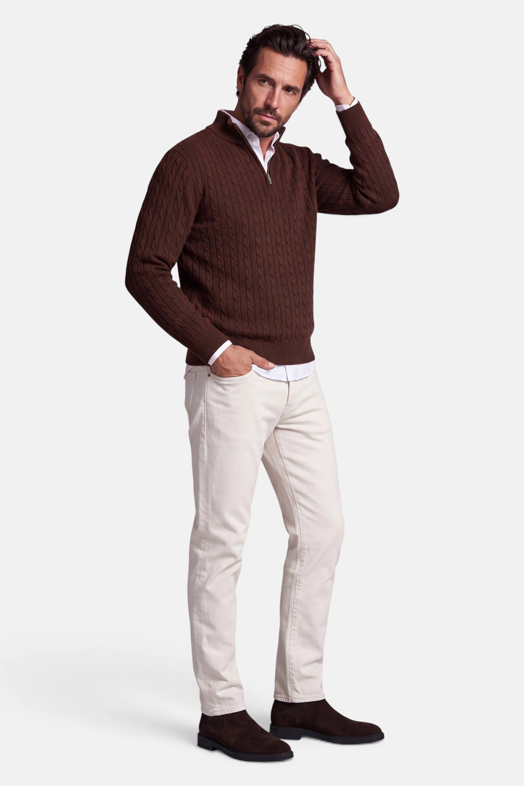 Half Zip - Cashmere Blend - Cognac Brown 5 Vercate - Quarter Zip / Half Zip Trui Heren - Cognac Bruin - Cashmere Blend - Kabeltrui / Pullover - Regular Fit