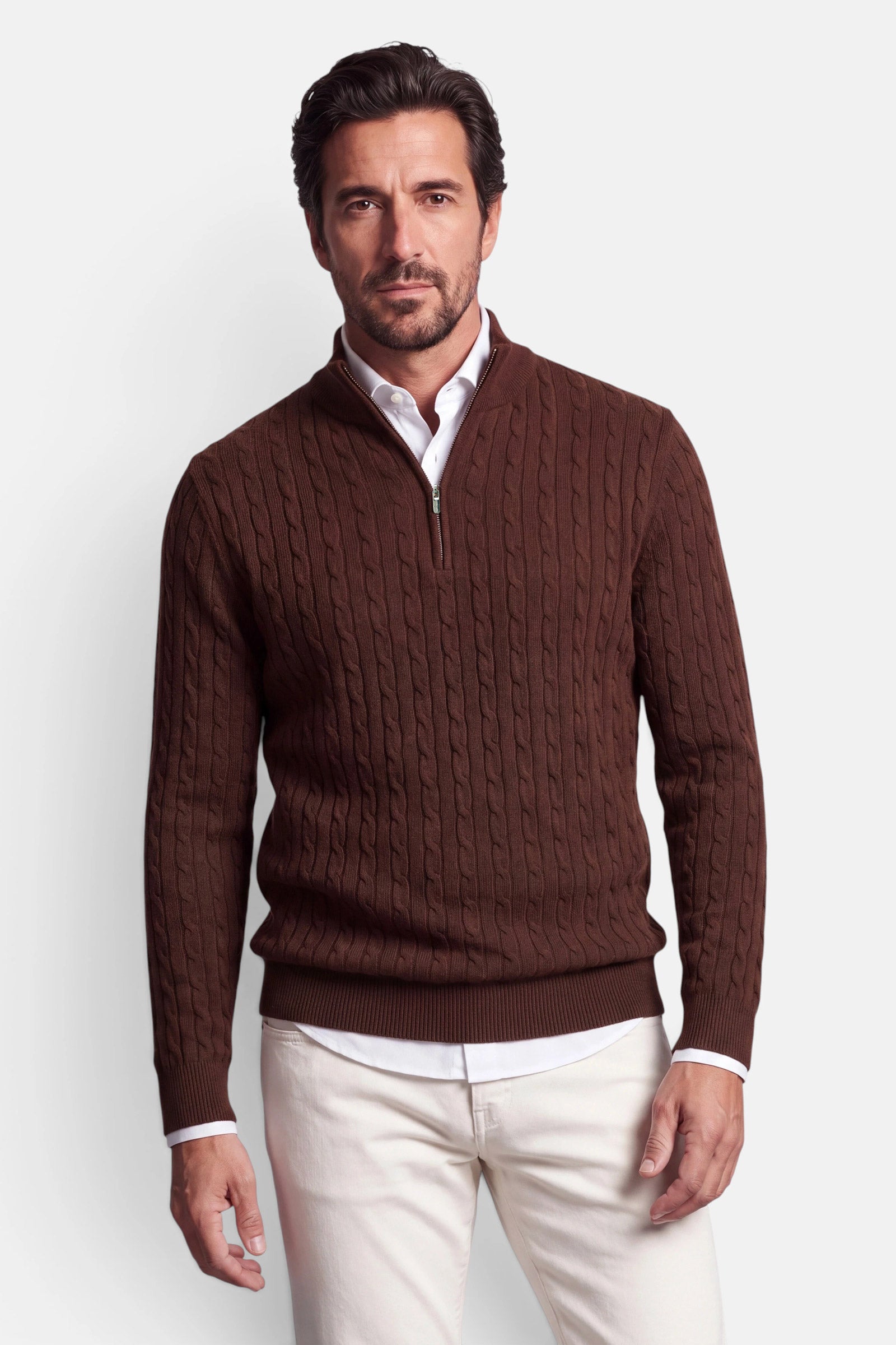 Half Zip - Cashmere Blend - Cognac Brown 6 Vercate - Quarter Zip / Half Zip Trui Heren - Cognac Bruin - Cashmere Blend - Kabeltrui / Pullover - Regular Fit