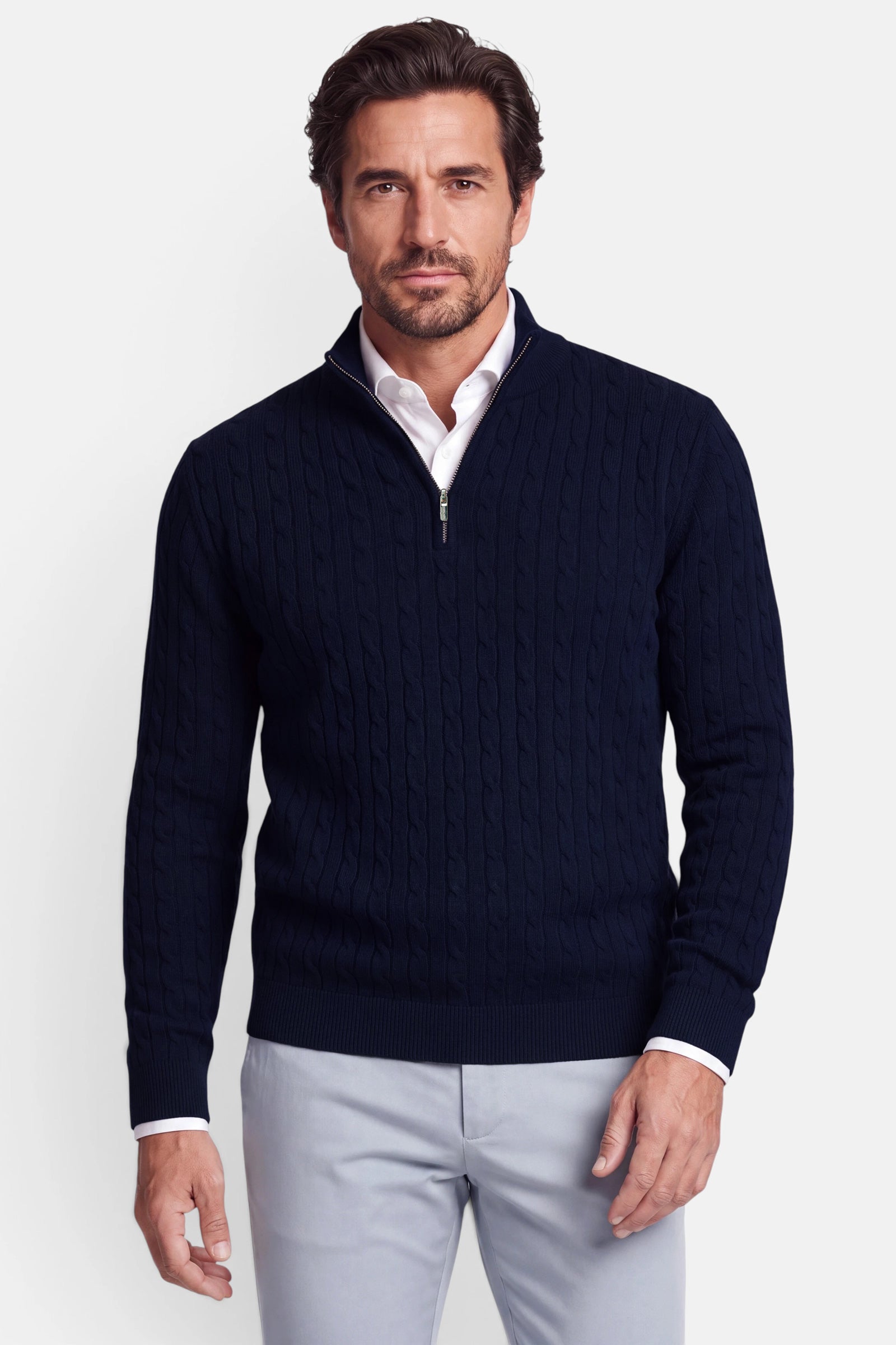 Half Zip - Cashmere Blend - Dark Blue 1 Vercate - Quarter Zip / Half Zip Trui Heren - Donkerblauw - Cashmere Blend - Kabeltrui / Pullover - Regular Fit