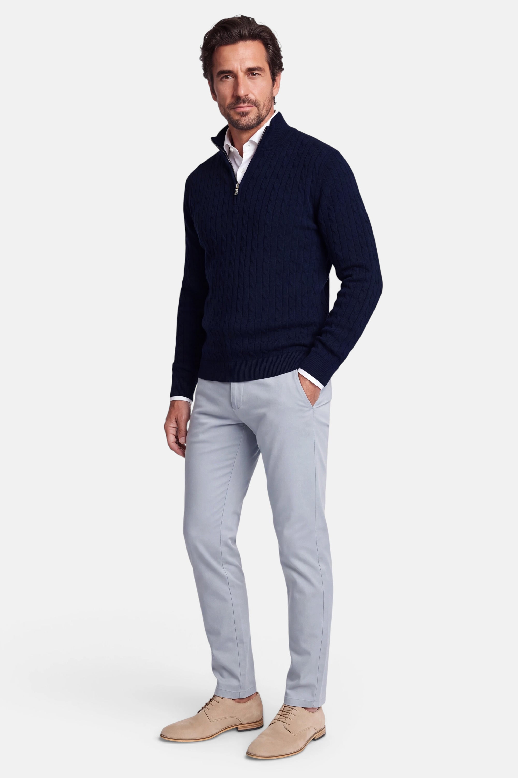 Half Zip - Cashmere Blend - Dark Blue 6 Vercate - Quarter Zip / Half Zip Trui Heren - Donkerblauw - Cashmere Blend - Kabeltrui / Pullover - Regular Fit