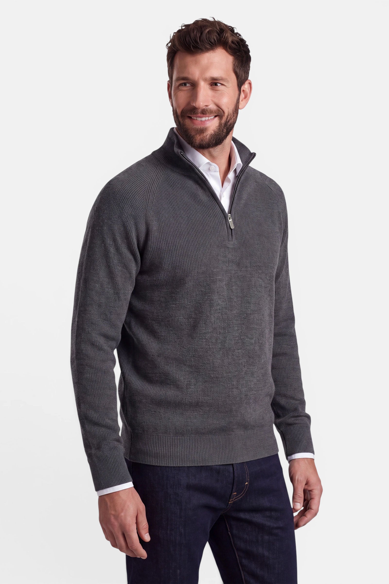 Half Zip - Cashmere Blend - Dark Grey 2 Vercate - Quarter Zip / Half Zip Trui Heren - Donkergrijs - Cashmere Blend - Ribpatroon - Regular Fit