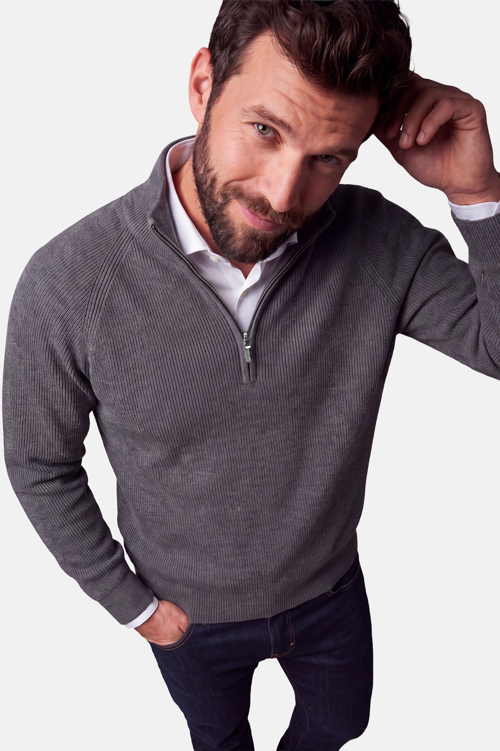 Half Zip - Cashmere Blend - Dark Grey 6 Vercate - Quarter Zip / Half Zip Trui Heren - Donkergrijs - Cashmere Blend - Ribpatroon - Regular Fit