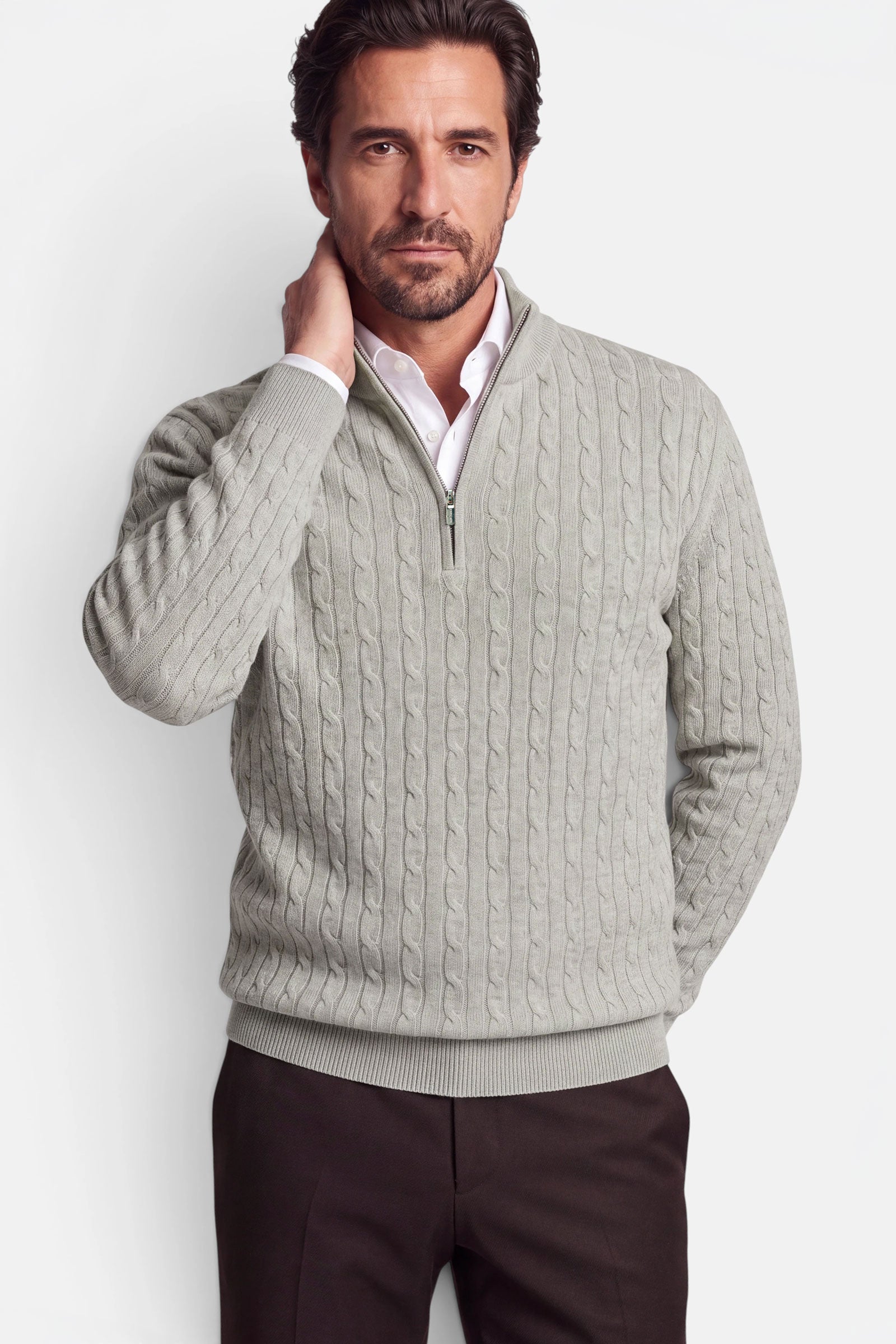 Half Zip - Cashmere Blend - Grey Beige 2 Vercate - Quarter Zip / Half Zip Trui Heren - Greige / Grijsbeige - Cashmere Blend - Kabeltrui / Pullover - Regular Fit