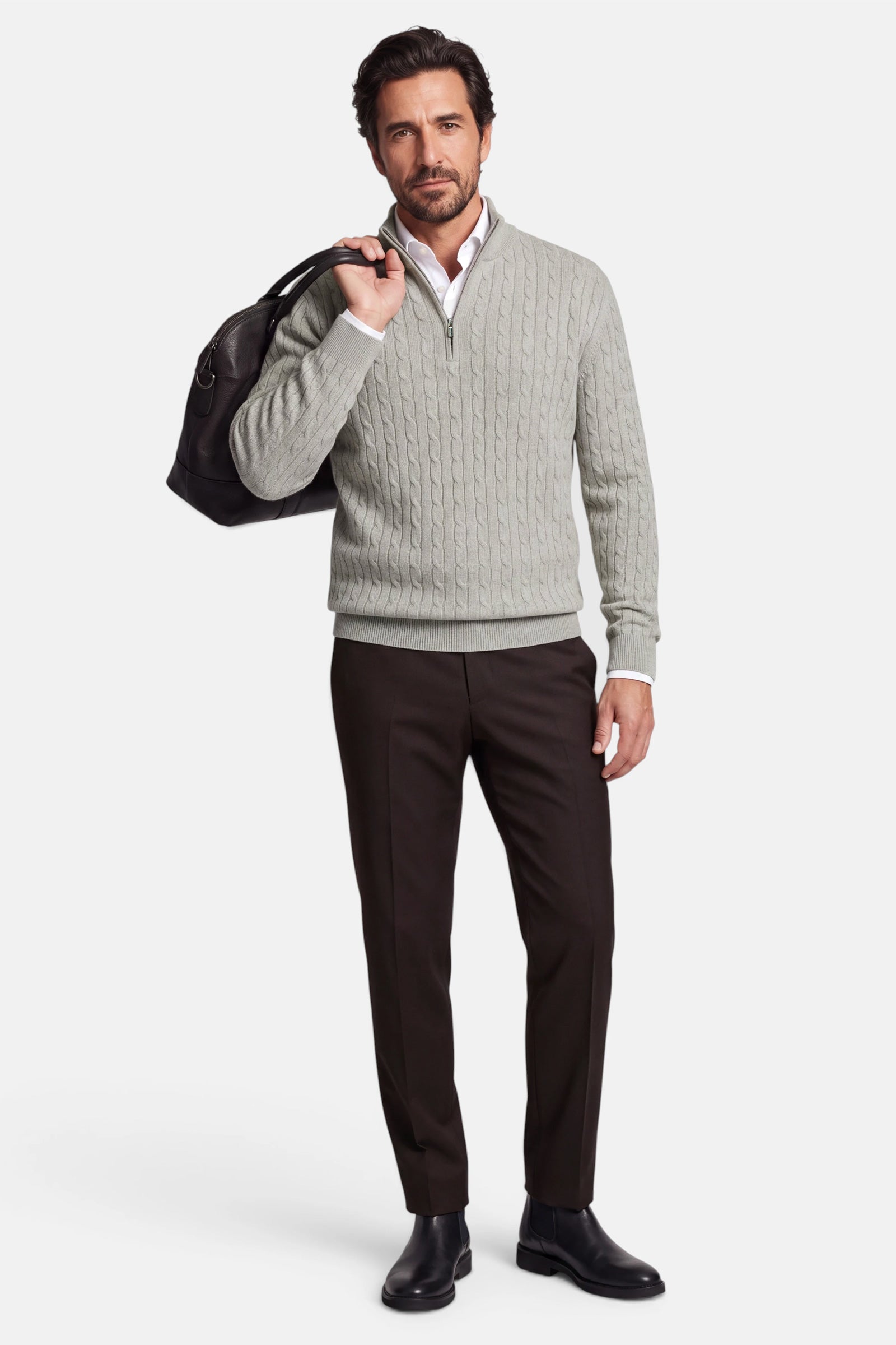 Half Zip - Cashmere Blend - Grey Beige 3 Vercate - Quarter Zip / Half Zip Trui Heren - Greige / Grijsbeige - Cashmere Blend - Kabeltrui / Pullover - Regular Fit