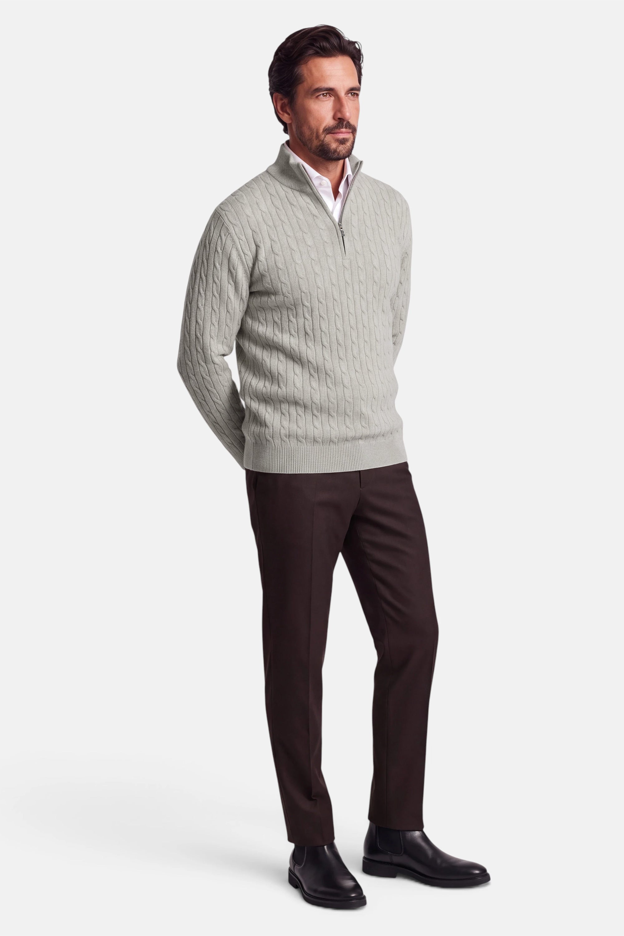 Half Zip - Cashmere Blend - Grey Beige 5 Vercate - Quarter Zip / Half Zip Trui Heren - Greige / Grijsbeige - Cashmere Blend - Kabeltrui / Pullover - Regular Fit